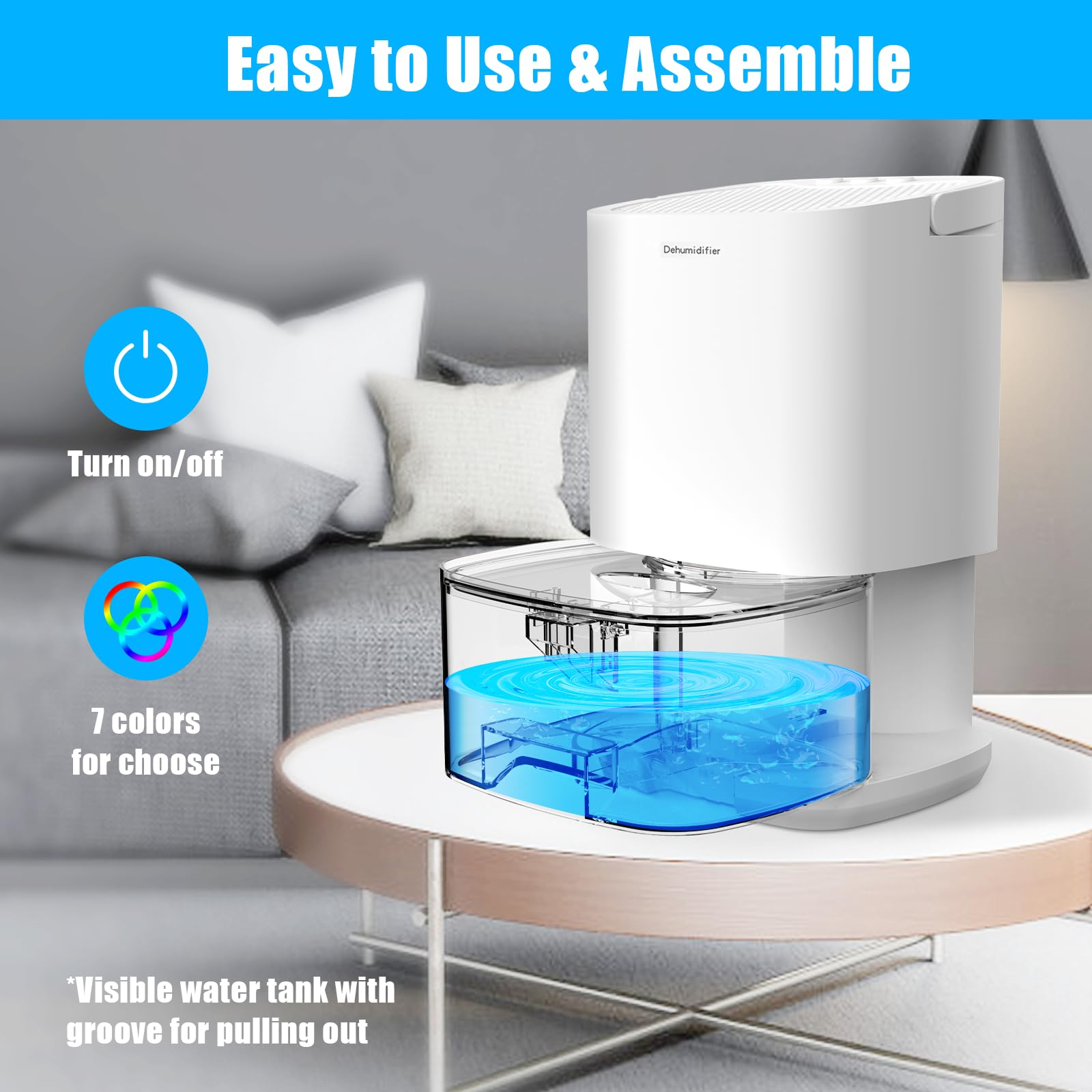 Weißer Luftentfeuchter mit blauem Wassertank auf einem Tisch.