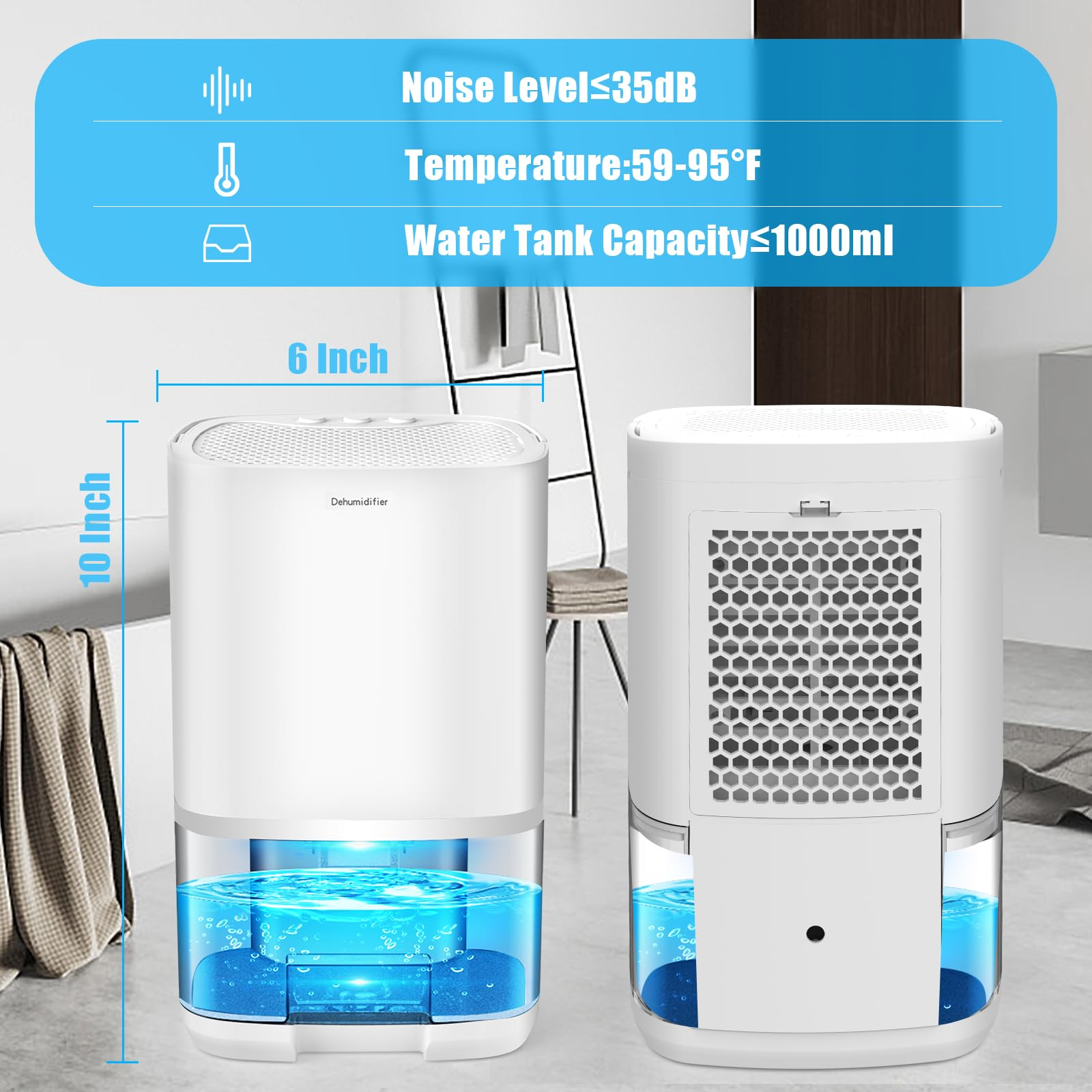 Zwei weiße Luftentfeuchter mit blauem Wassertank. Maße 6x10 Zoll.