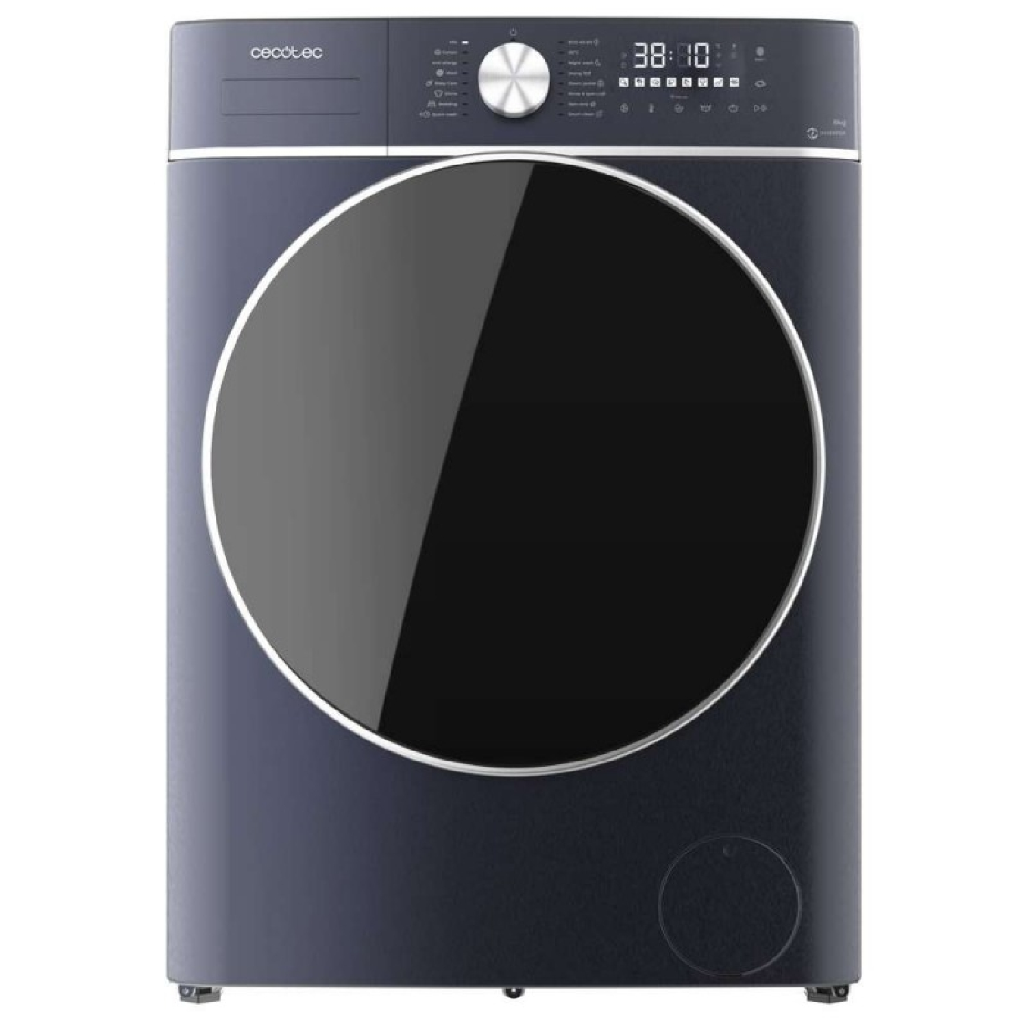 Lavatrice blu scuro con oblò nero e display digitale.