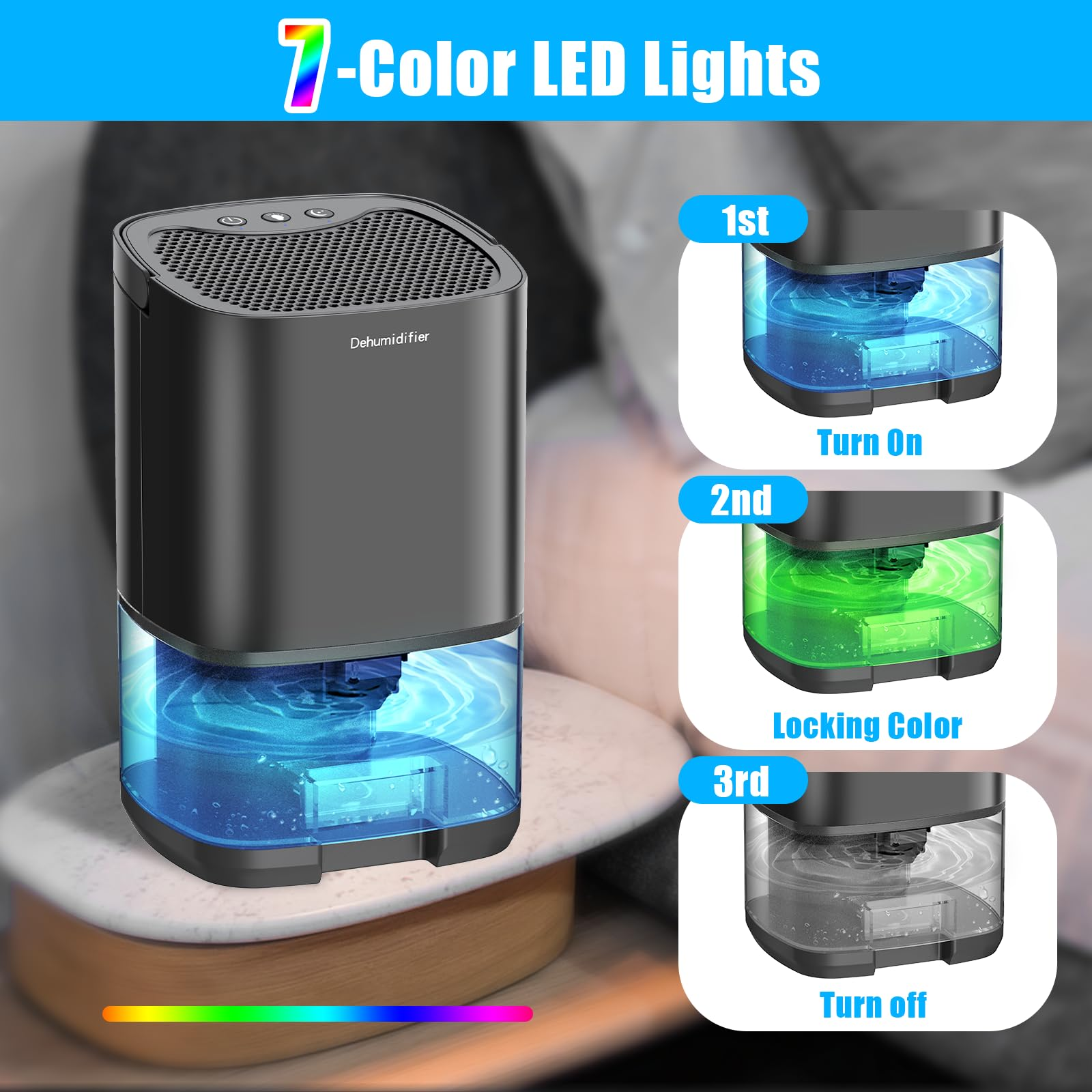 Ein schwarzer Luftentfeuchter mit 7-farbiger LED-Beleuchtung zeigt den Ein-, Farbwechsel- und Aus-Zustand.