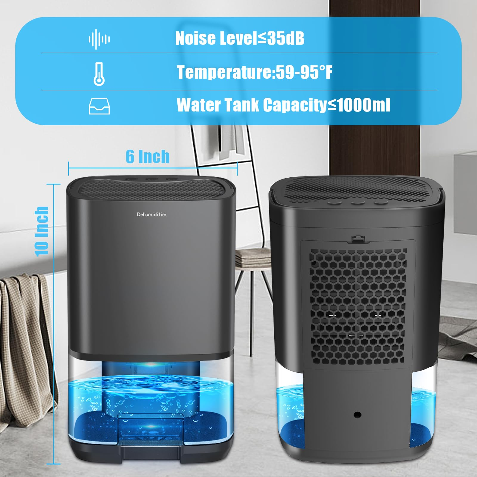Zwei schwarze Luftentfeuchter, 10 Zoll hoch, 6 Zoll breit, mit Wassertank.