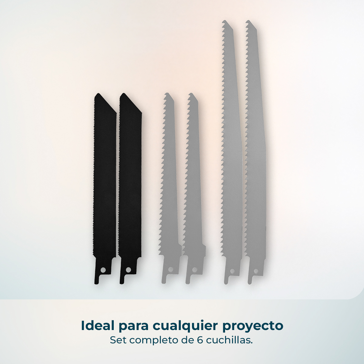 Un juego de seis hojas de sierra, dos negras y cuatro plateadas, sobre fondo claro.