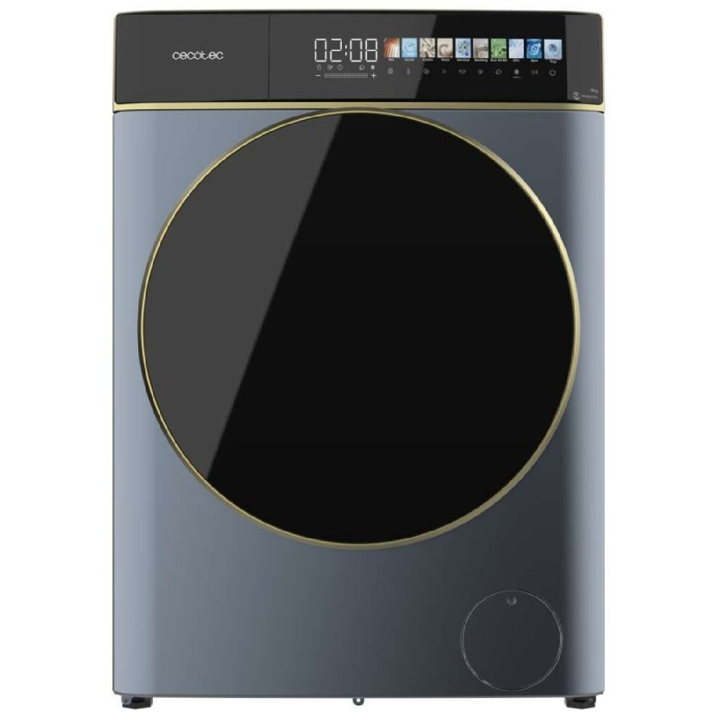 Lavadora gris con puerta negra, pantalla digital y borde dorado.
