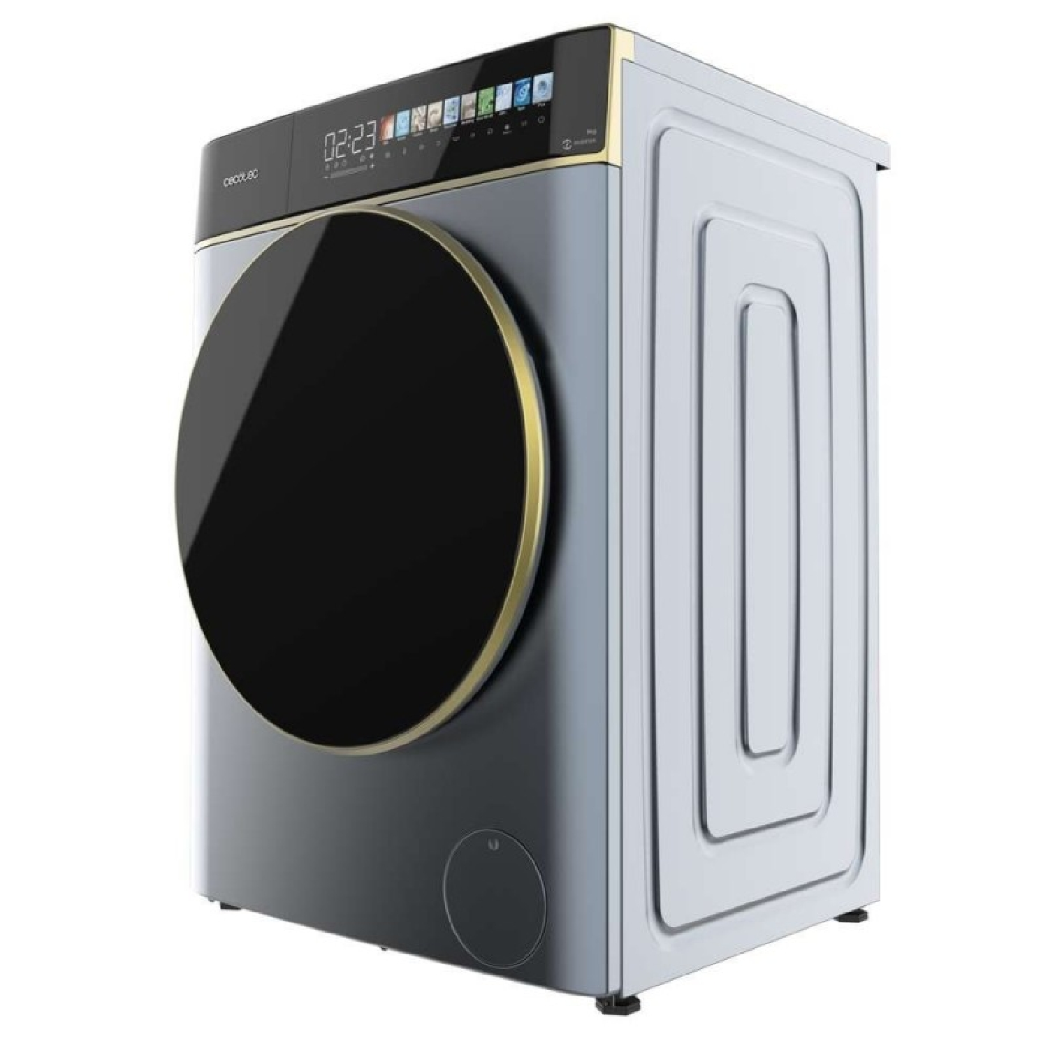 Lavadora gris con puerta negra, borde dorado y pantalla digital.
