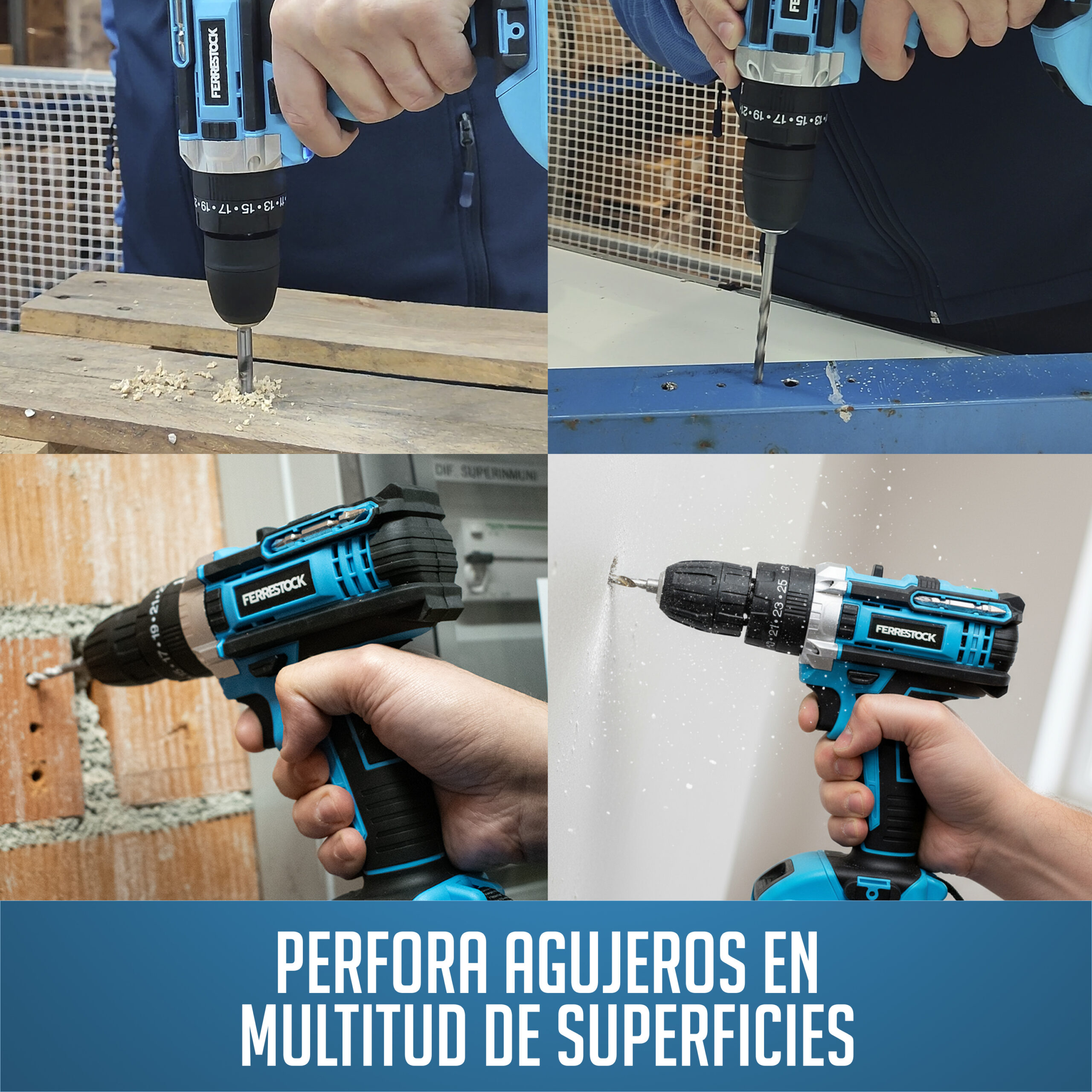 Un taladro azul perfora madera, metal, ladrillo y pared. Muestra versatilidad.