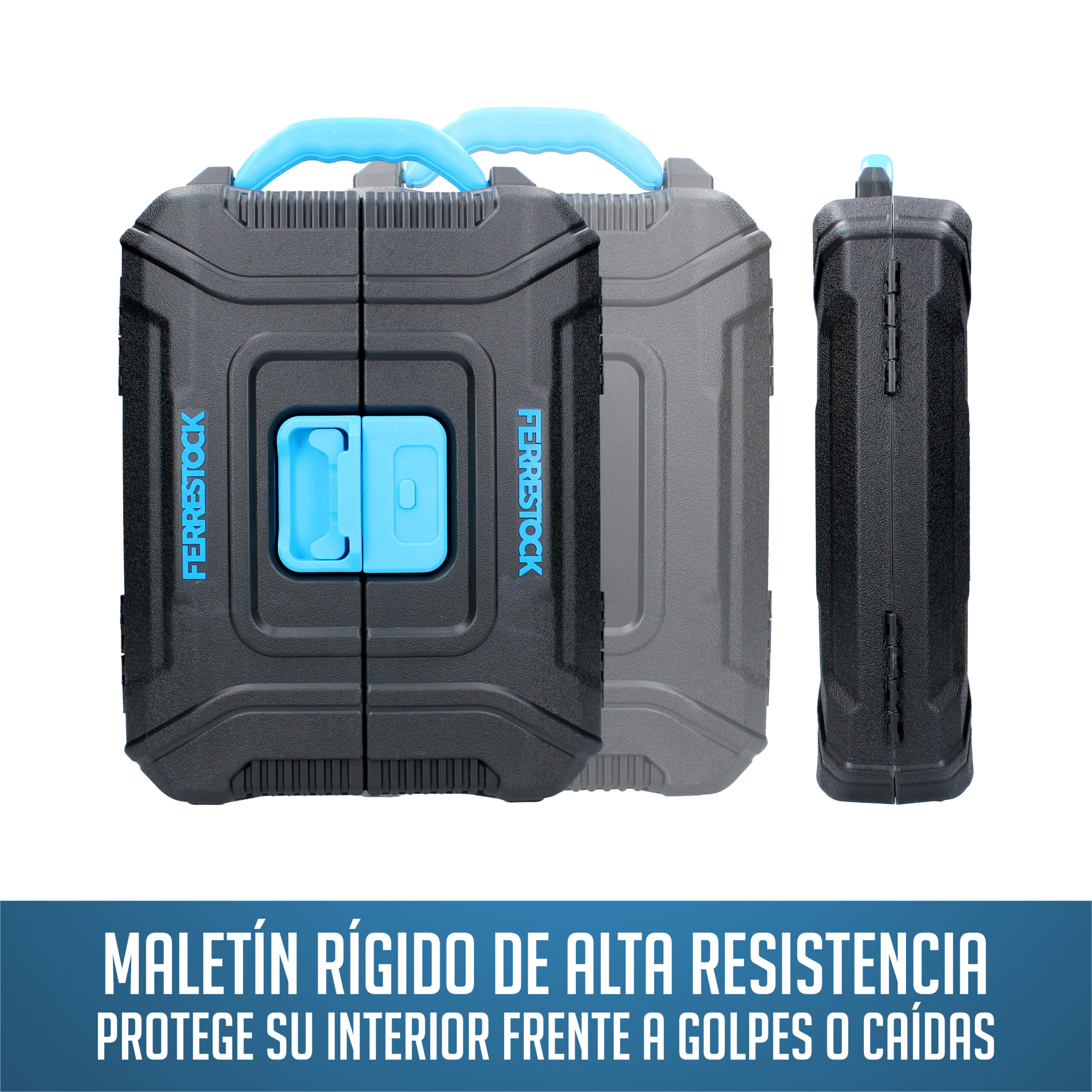 Maletines rígidos negros y grises con asas azules.