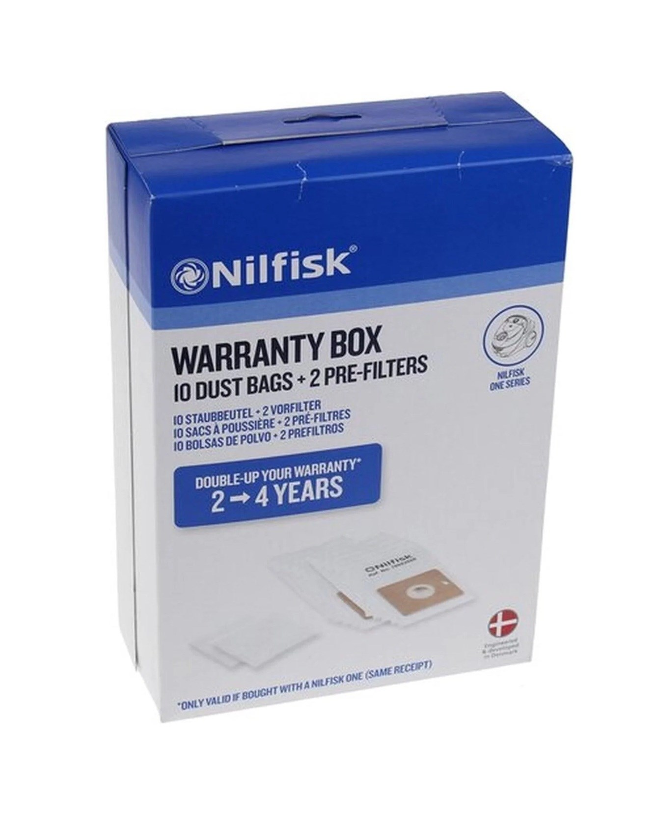 Nilfisk garanti kutusu, 10 toz torbası ve 2 ön filtreli, mavi ve beyaz.