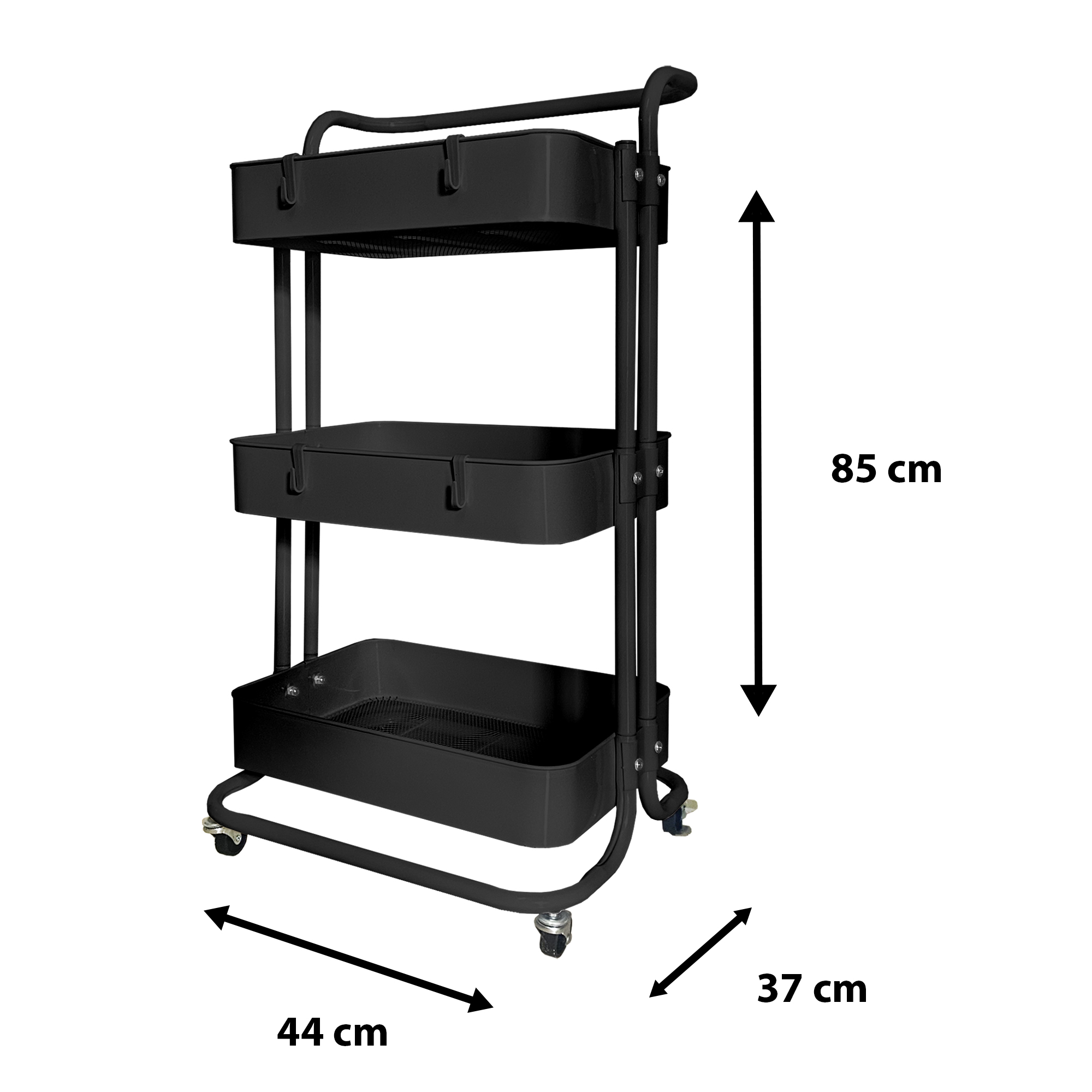 Carrito negro de 3 niveles, 85x44x37 cm, con asa y ruedas.
