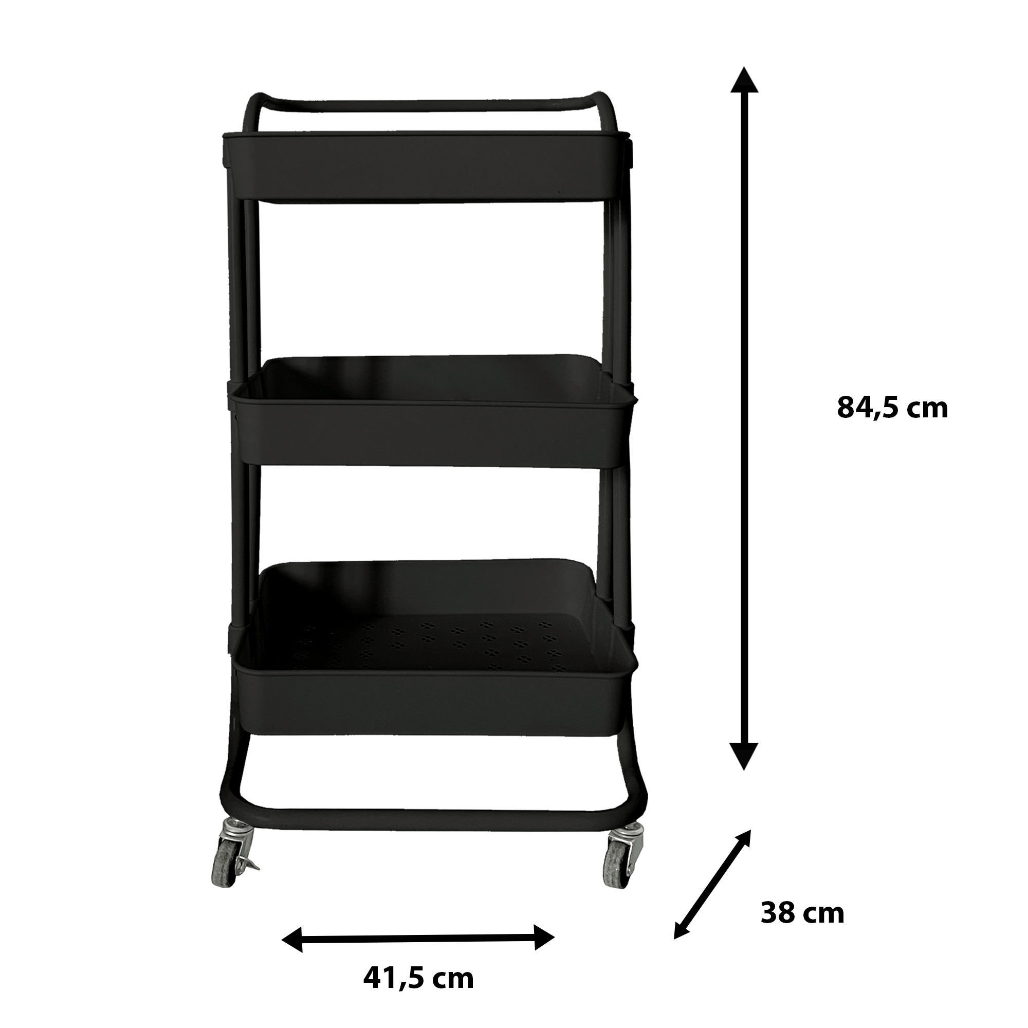 Carro negro con ruedas de 3 niveles, Al 84,5 cm, An 41,5 cm, Pr 38 cm.