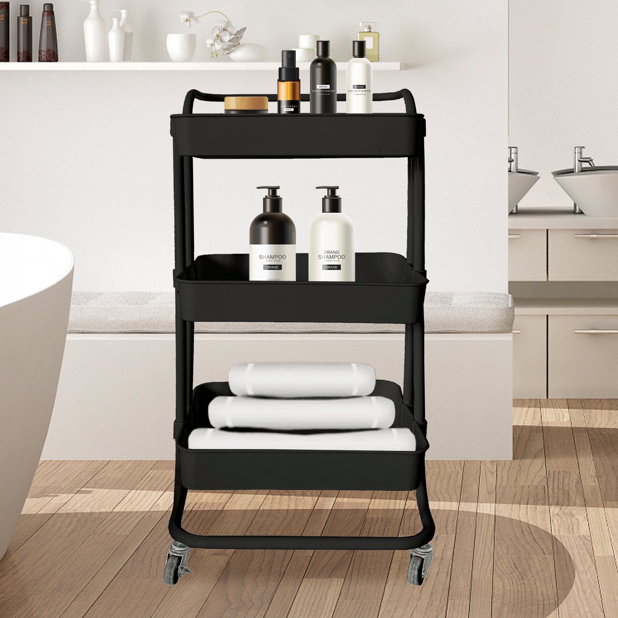 Un carrito negro de tres niveles con productos de baño y toallas.