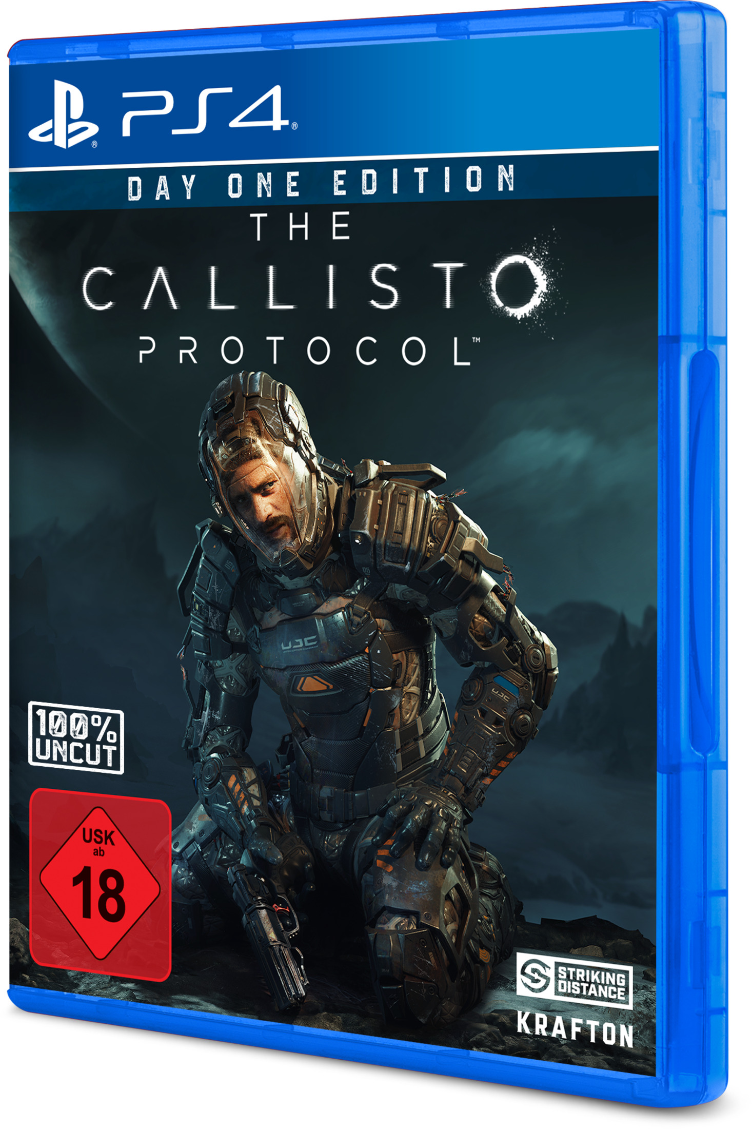 Ein Soldat in Rüstung auf einem dunklen, felsigen Planeten, PS4-Spielcover.