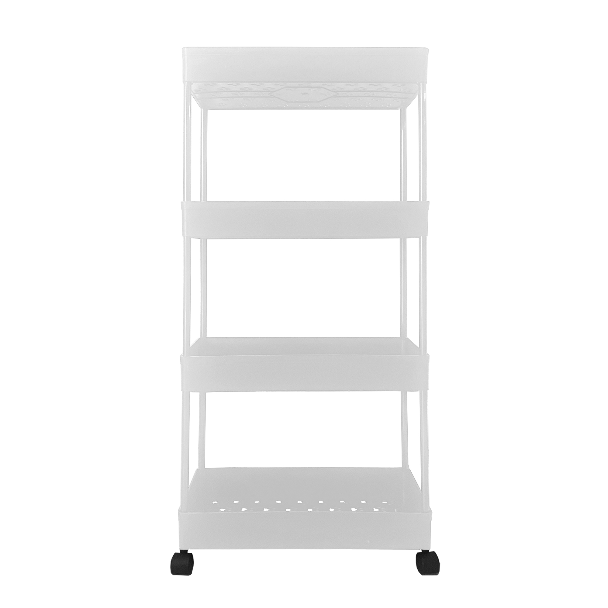 Un carrito blanco de cuatro niveles con ruedas y base perforada.