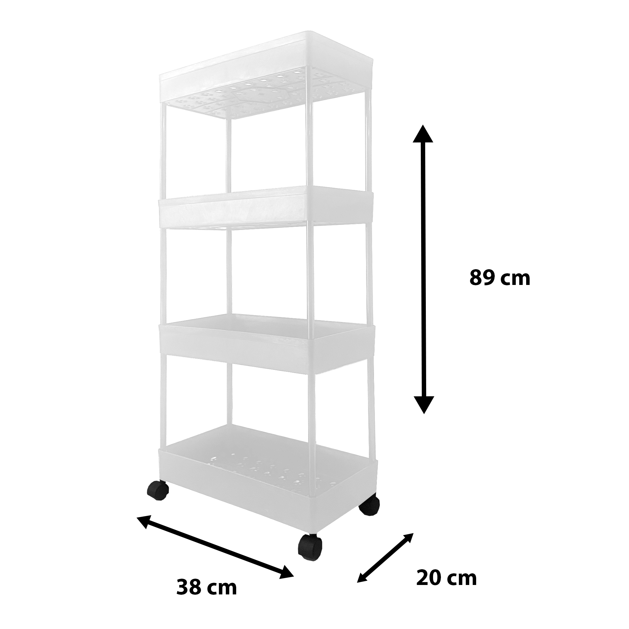 Un carrito blanco de 4 niveles con ruedas, 89cm alto, 38cm ancho, 20cm profundo.