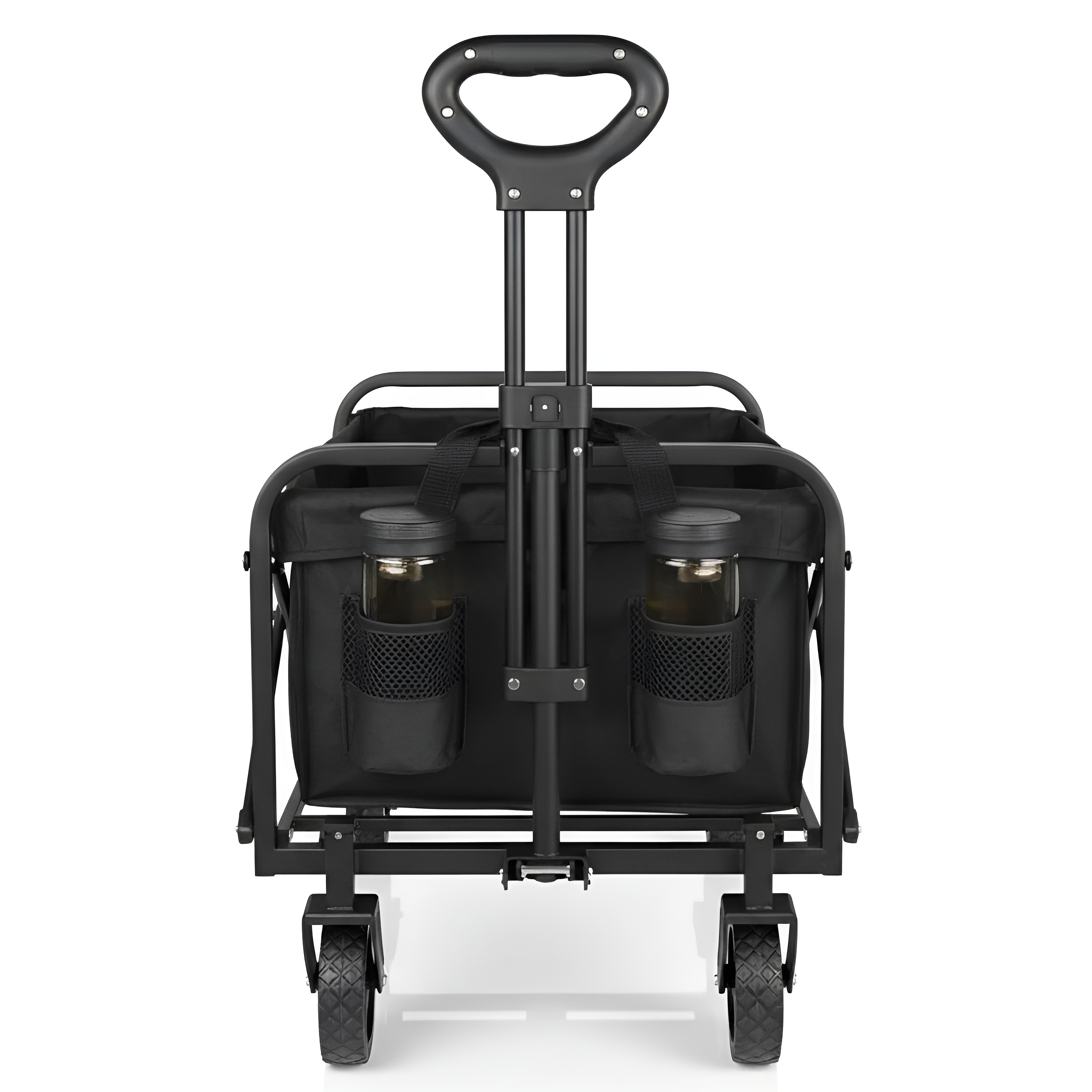 Carro plegable negro con asa y dos portavasos.