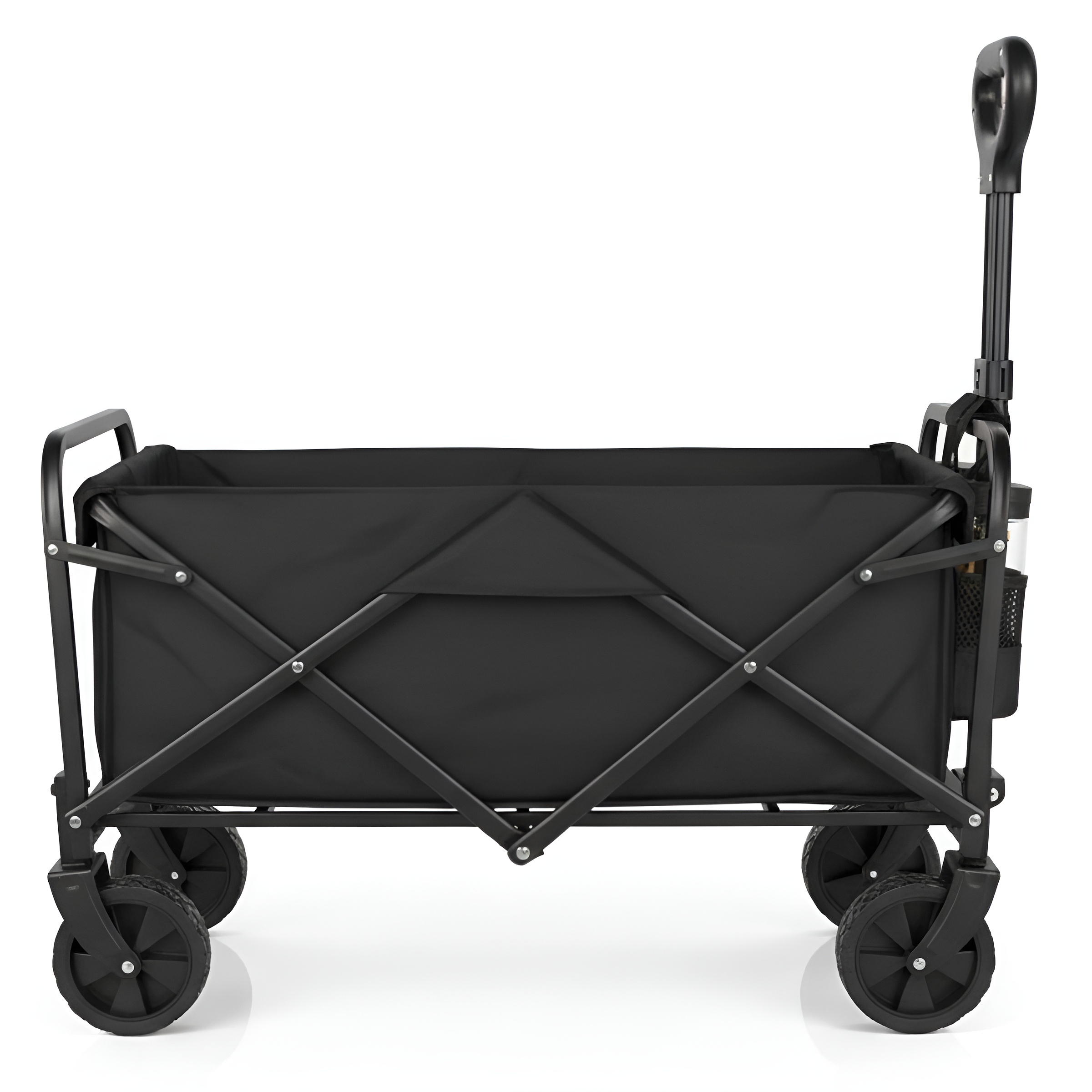 Un carro plegable negro con asa y cuatro ruedas.