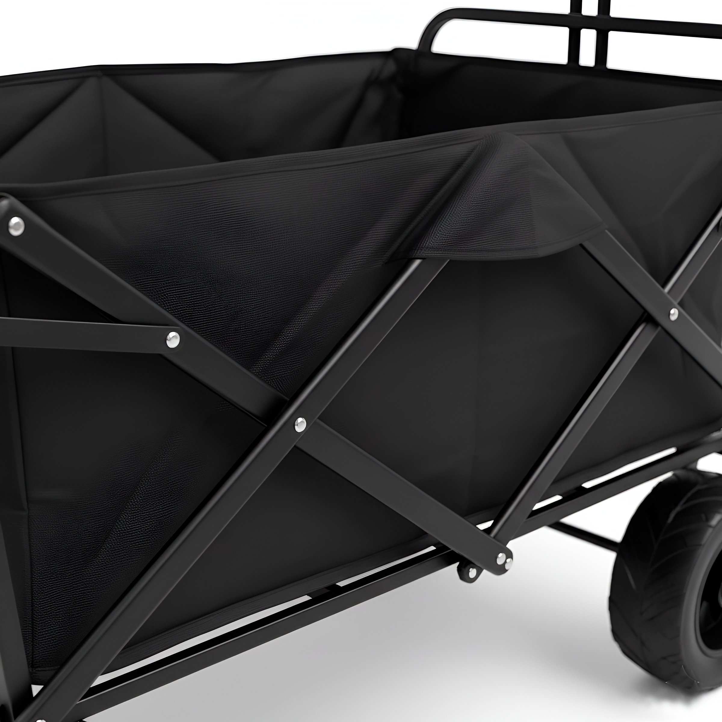 Carro plegable negro con estructura metálica y bolsa de tela.