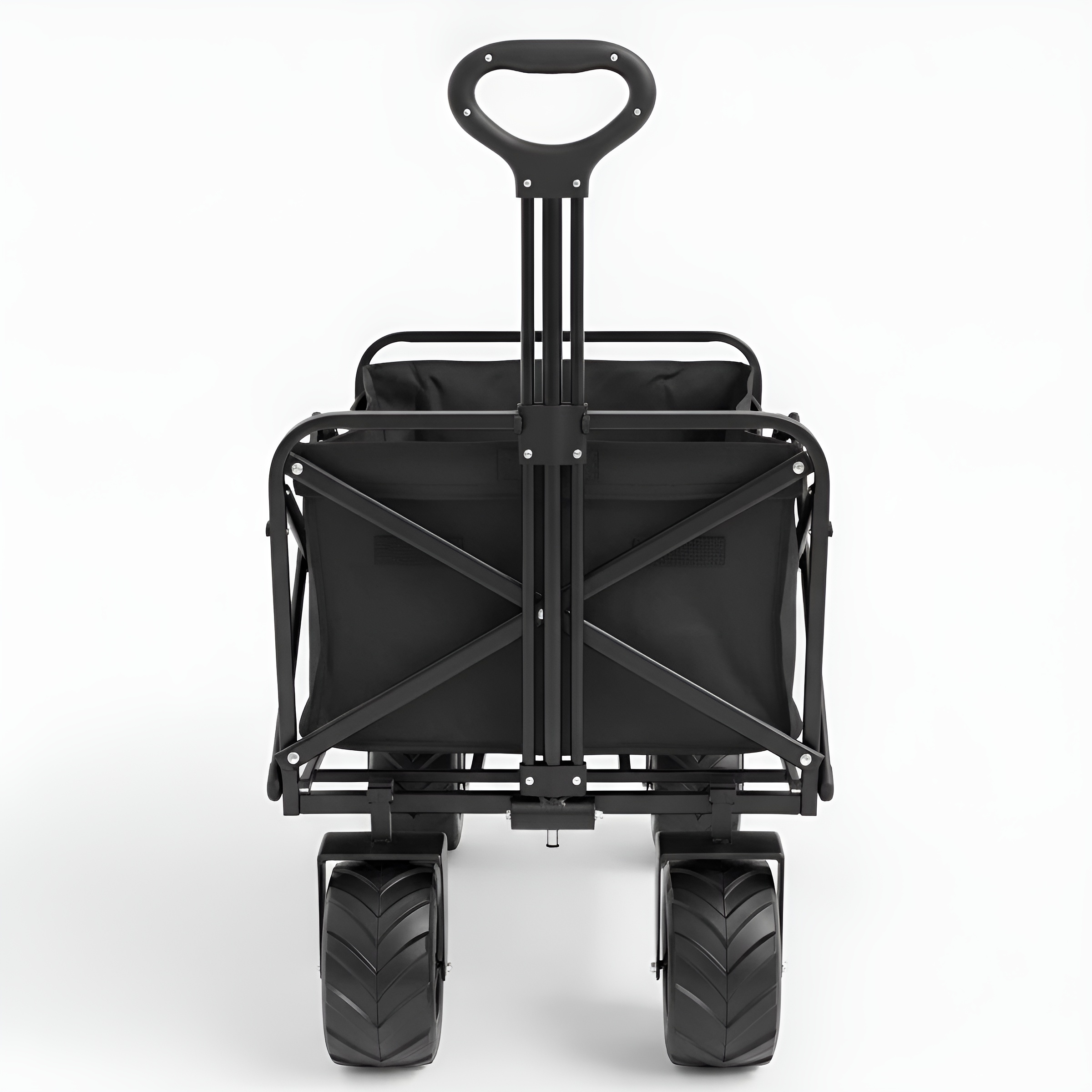 Carro negro con mango grande y ruedas anchas.
