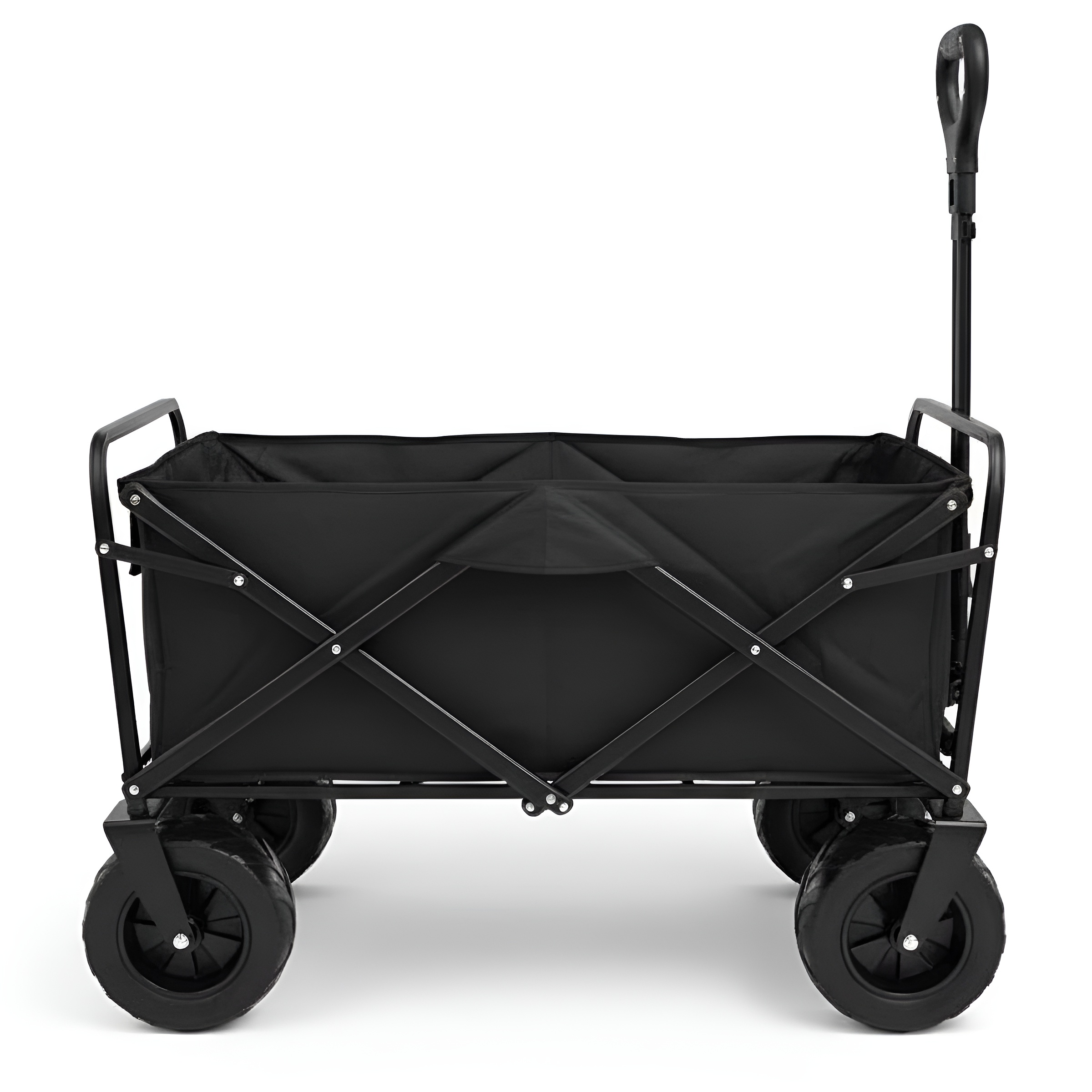 Carro plegable negro con asa telescópica y cuatro ruedas sobre fondo blanco.