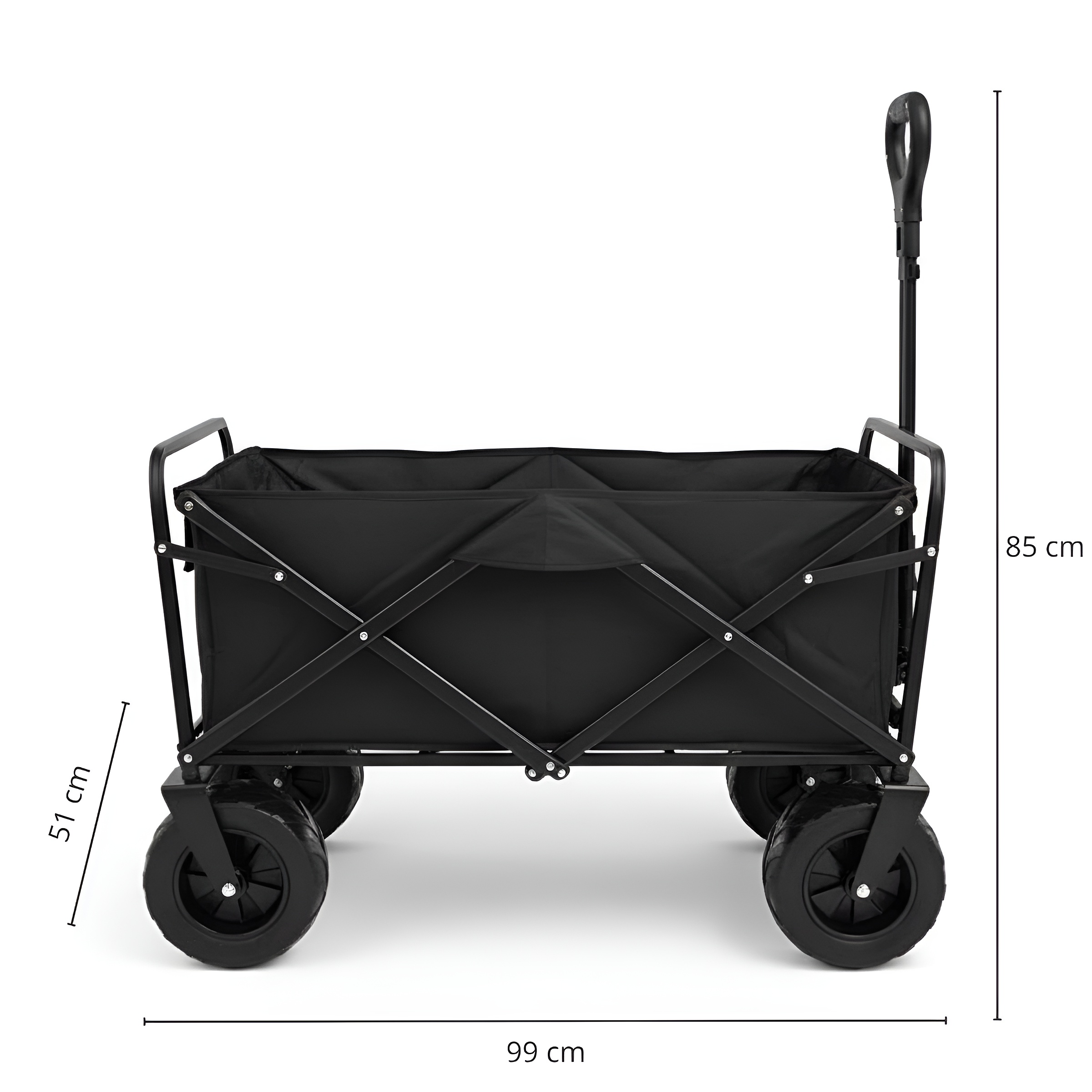 Carro plegable negro con asa y cuatro ruedas. Dimensiones: 99x51x85 cm.
