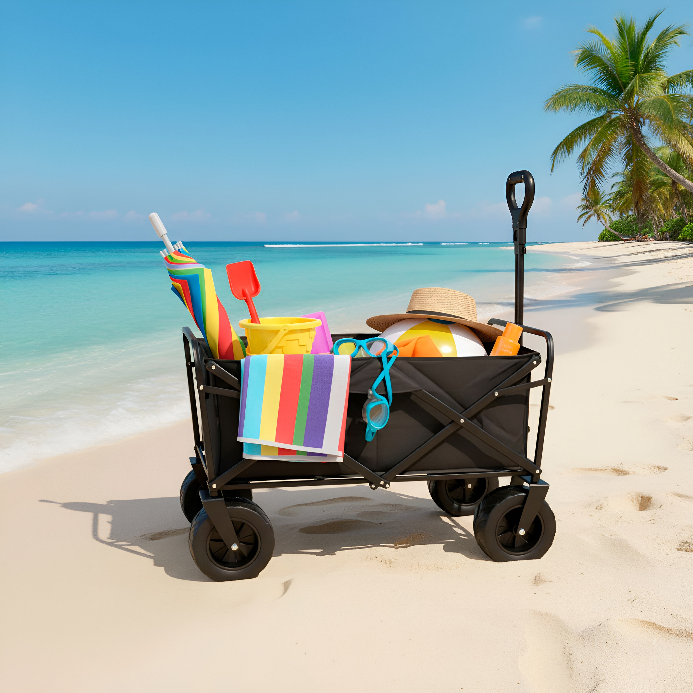 Un carrito de playa negro lleno de artículos de verano en la playa.