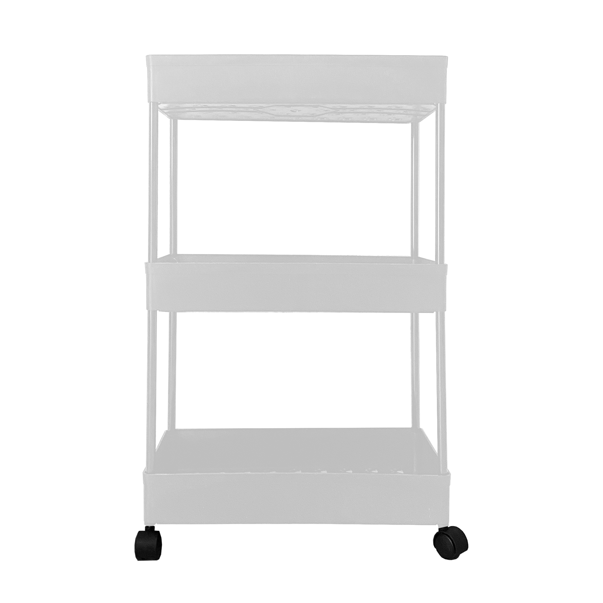 Un carrito blanco de tres niveles con ruedas.