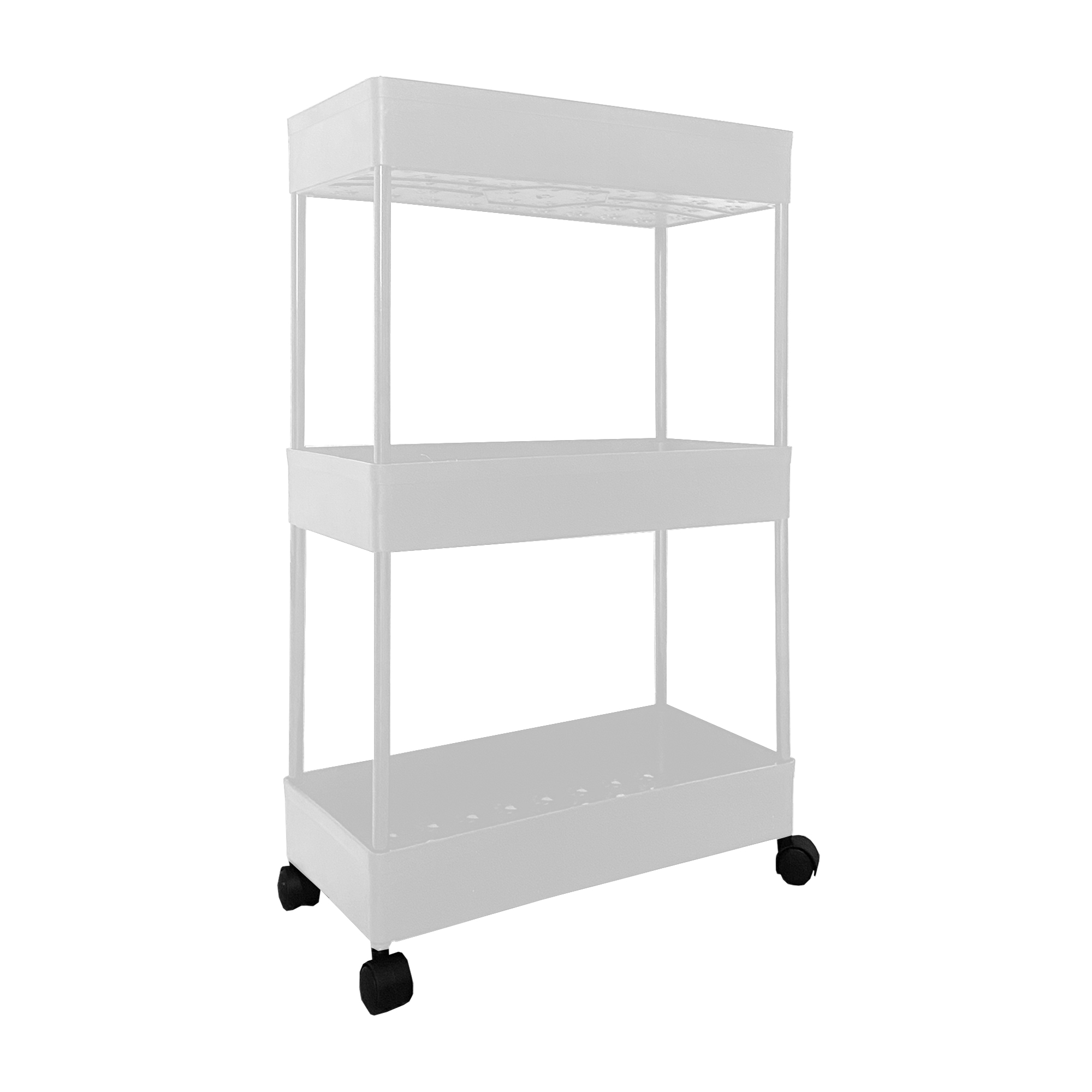 Un carrito blanco de tres niveles con ruedas.
