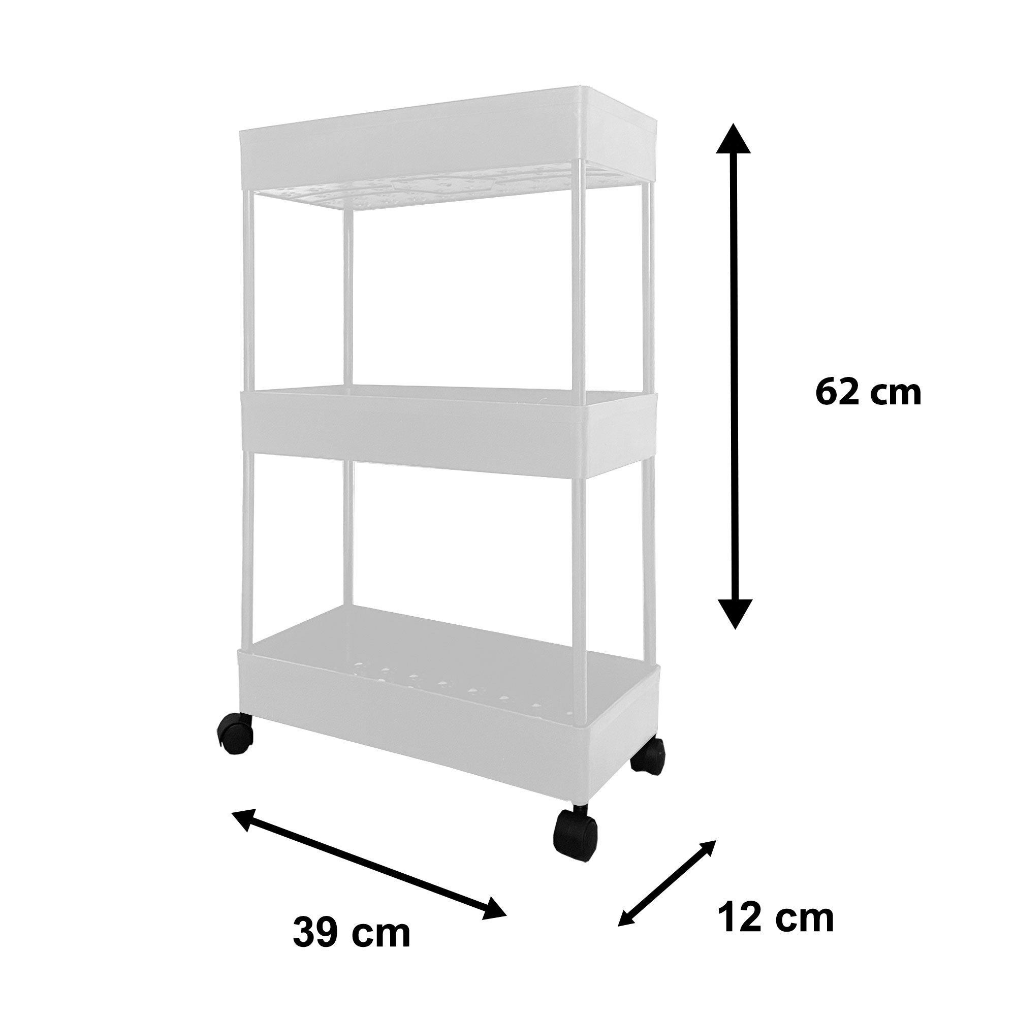 Se muestra un carrito blanco de tres niveles con ruedas, dimensiones 62cm Al x 39cm An x 12cm Pr.
