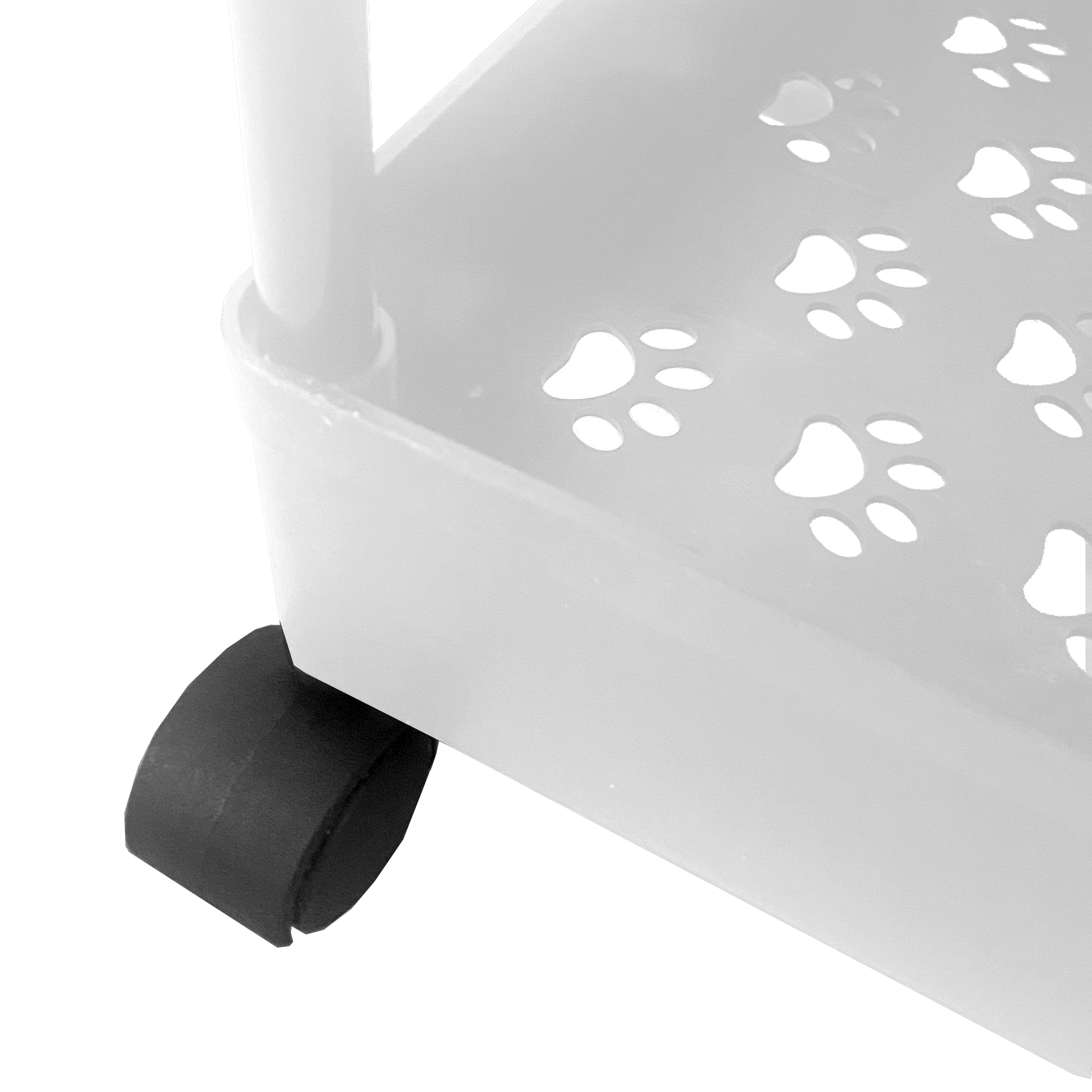 Primer plano de un estante blanco con recortes de huellas de patas y una rueda negra.