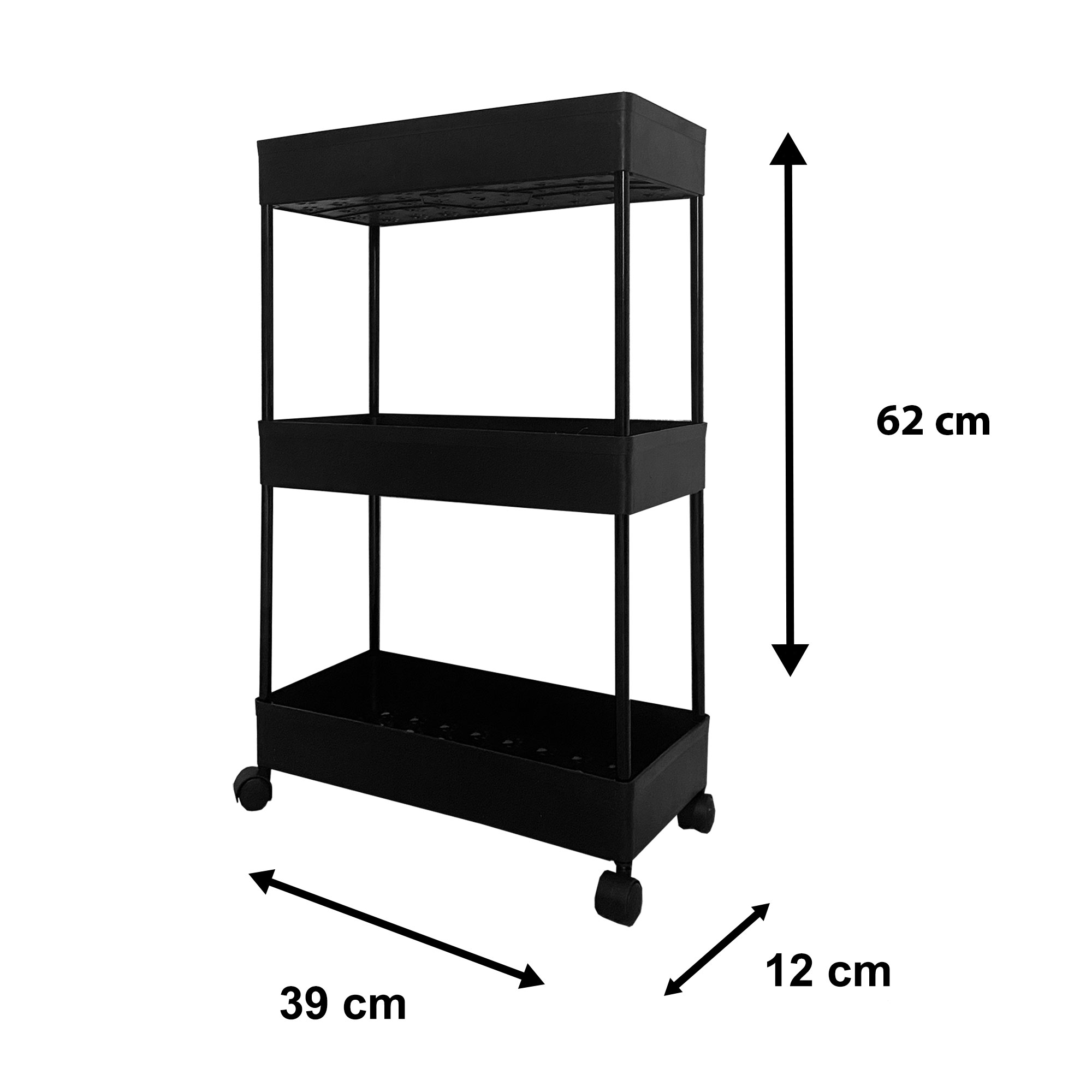 Estantería negra de 3 niveles con ruedas, 62x39x12 cm.