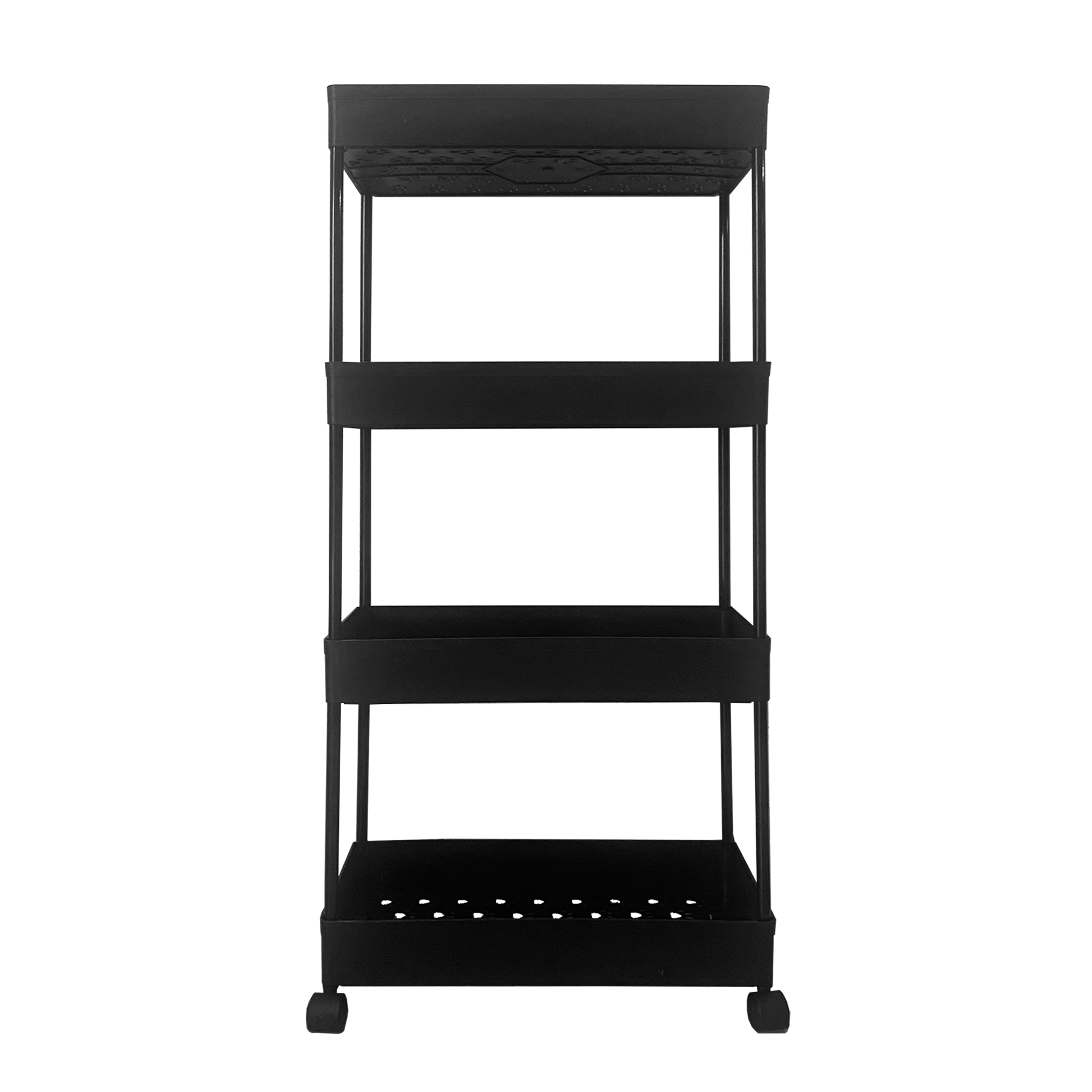Un estante negro de cuatro niveles con ruedas y base perforada.