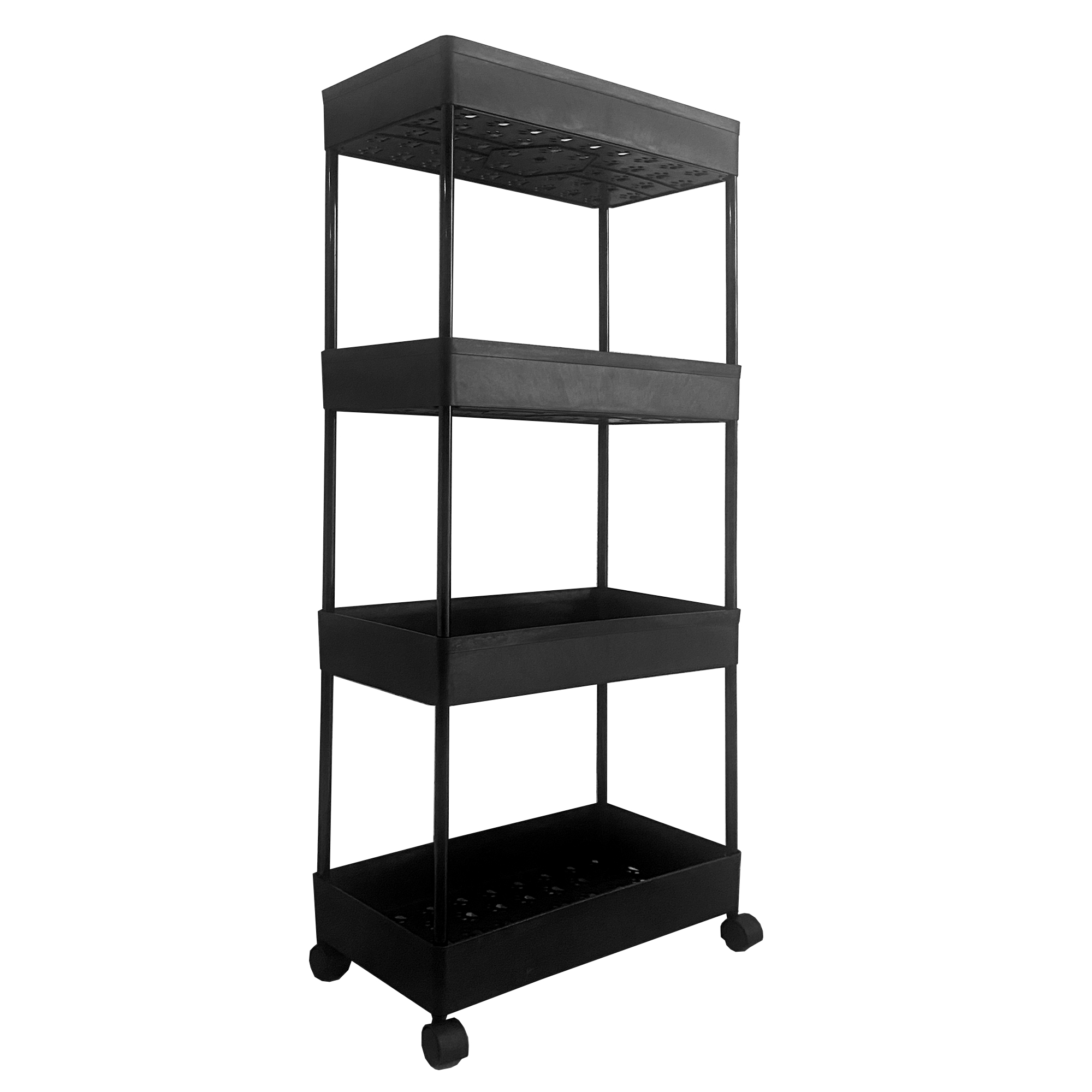 Carrito negro de cuatro niveles con ruedas. Tiene postes estrechos y bandejas rectangulares.