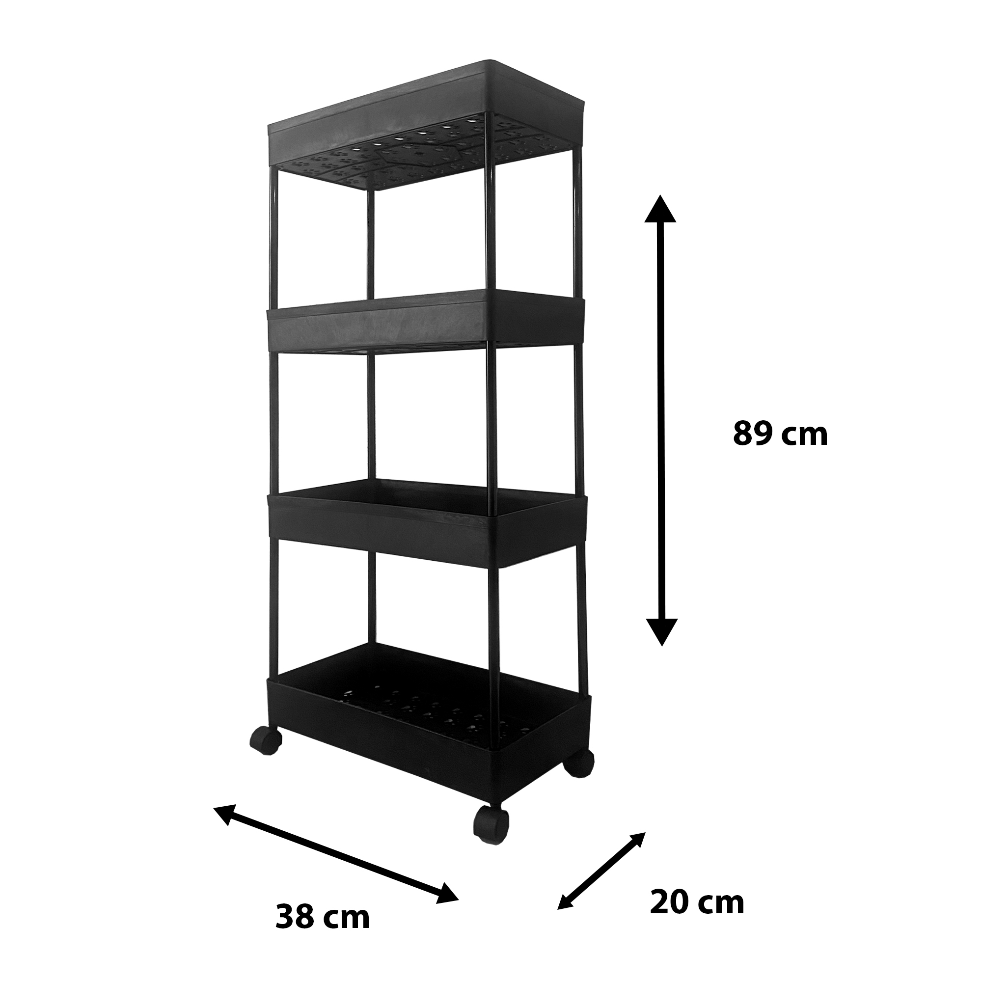 Estantería negra con ruedas, 89cm alto, 38cm ancho, 20cm profundo.