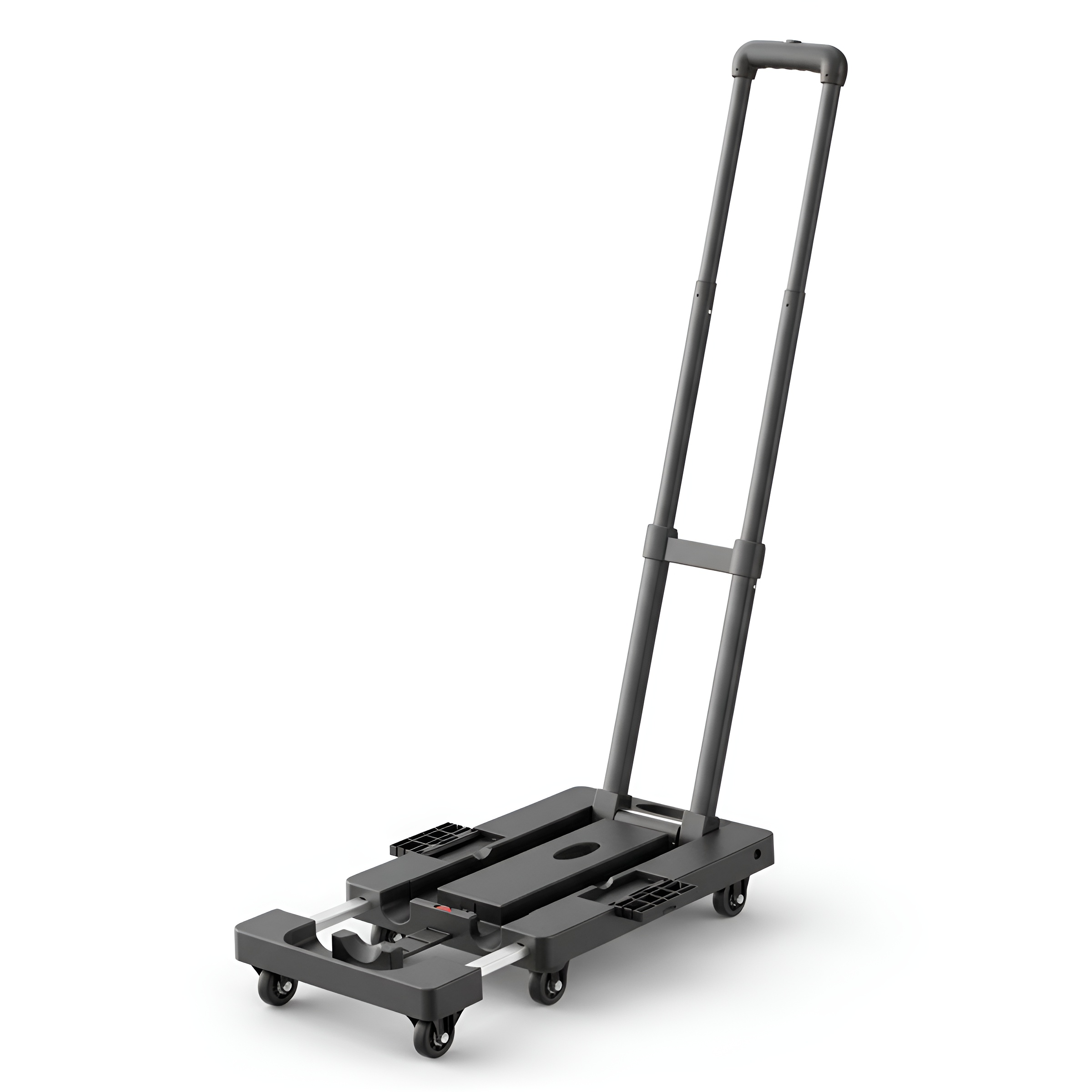 Un carrito negro plegable con asa extensible y ruedas.