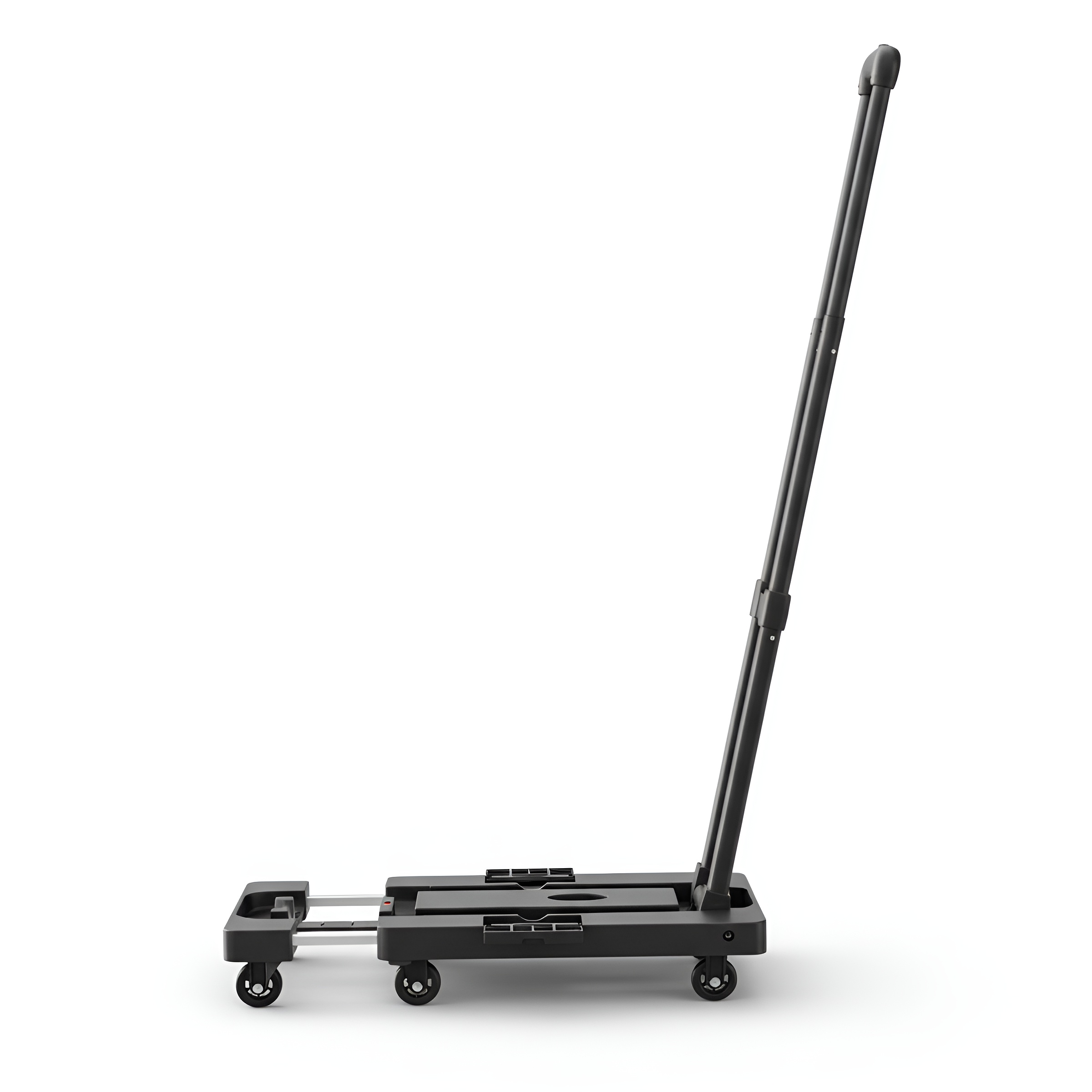 Un carro de mano plegable negro con asa extensible y ruedas.