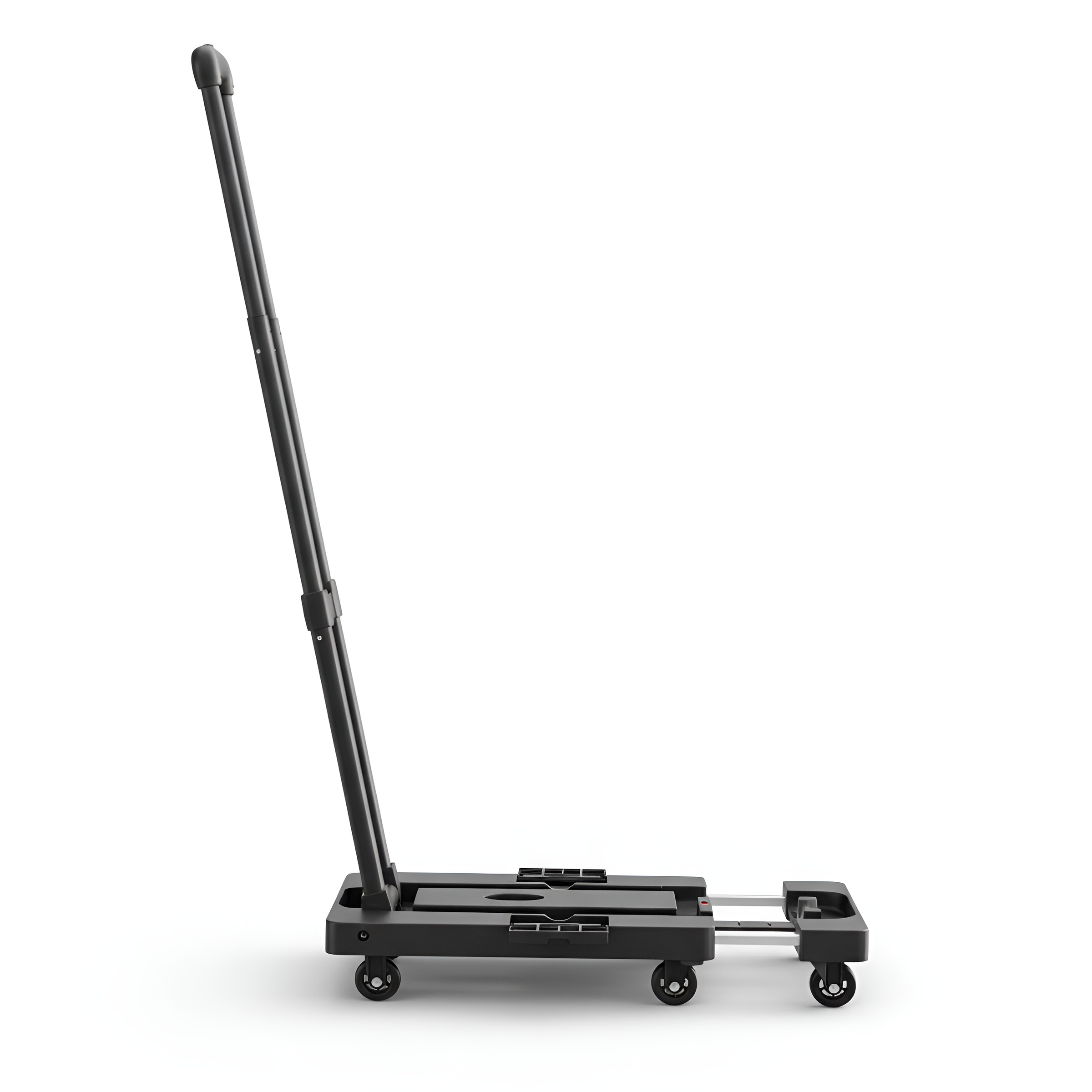 Un carro plegable negro con asa extensible y cuatro ruedas.