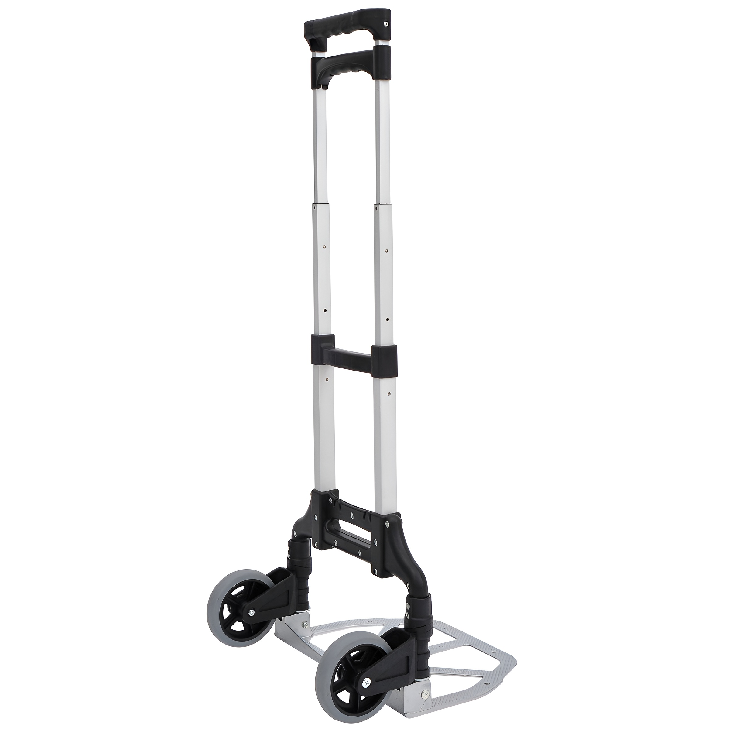 Un carrito plateado plegable con ruedas y mangos negros.