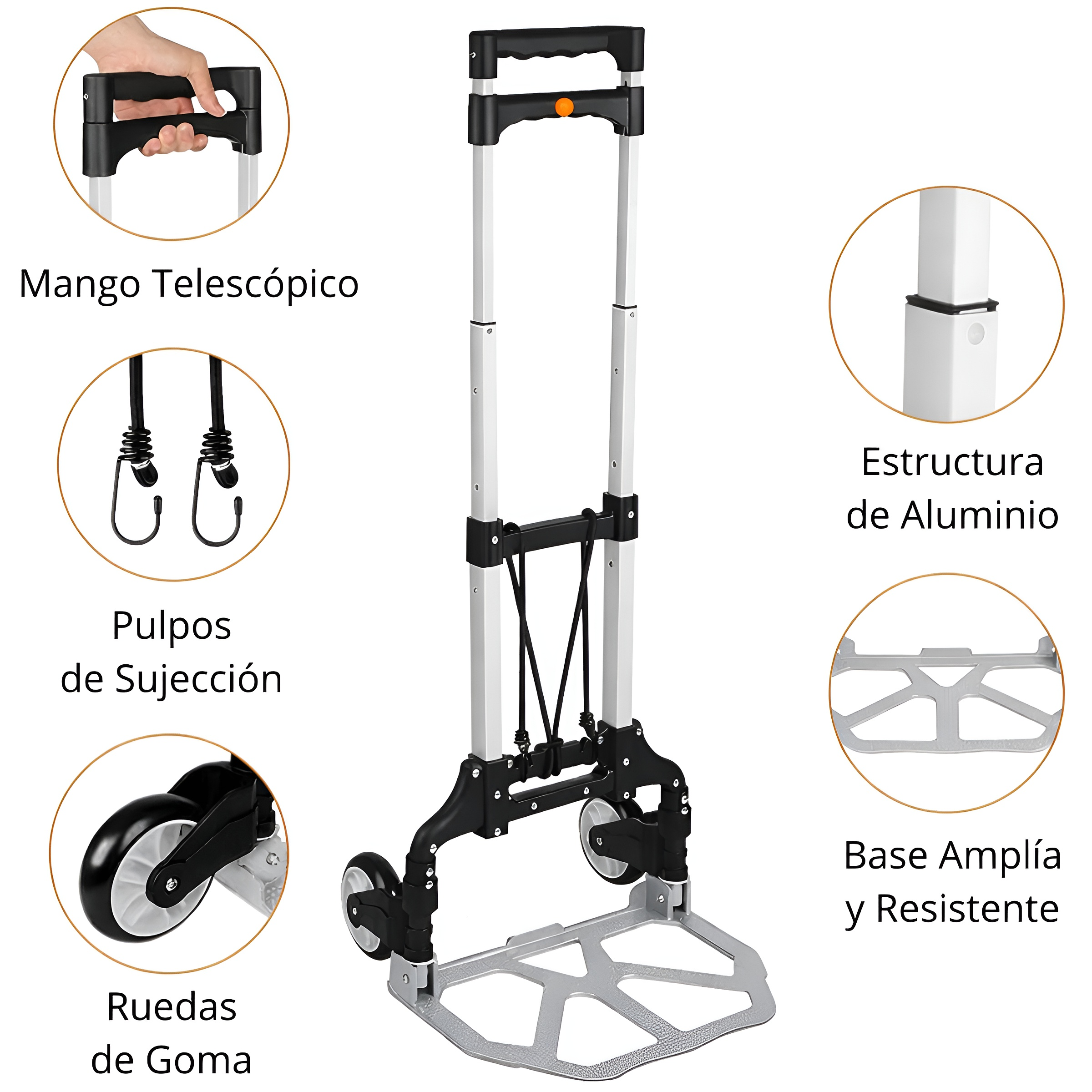 Un carro de mano plegable de aluminio con ruedas de goma y correas.