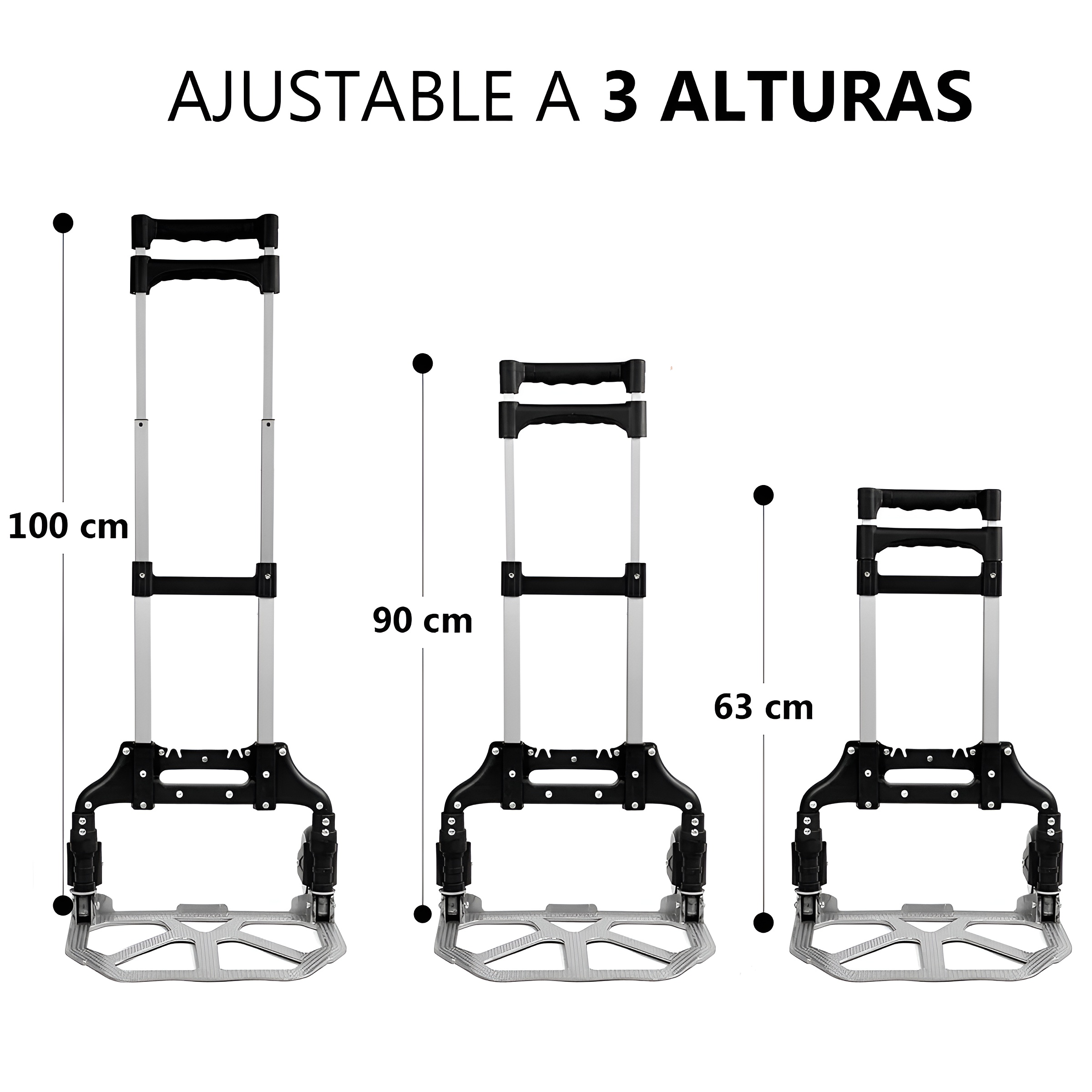 Tres carretillas plateadas y negras en diferentes alturas: 100 cm, 90 cm, 63 cm.