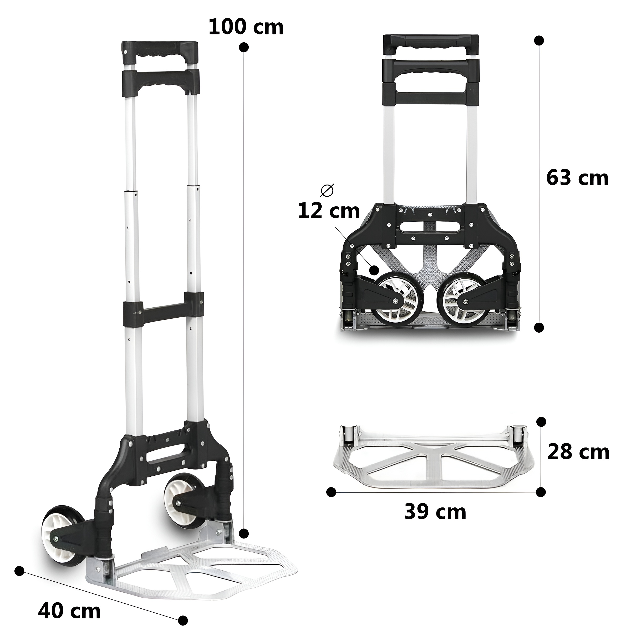 Un carro de mano plegable con dimensiones: alto 100cm, ancho 40cm, fondo 39cm.