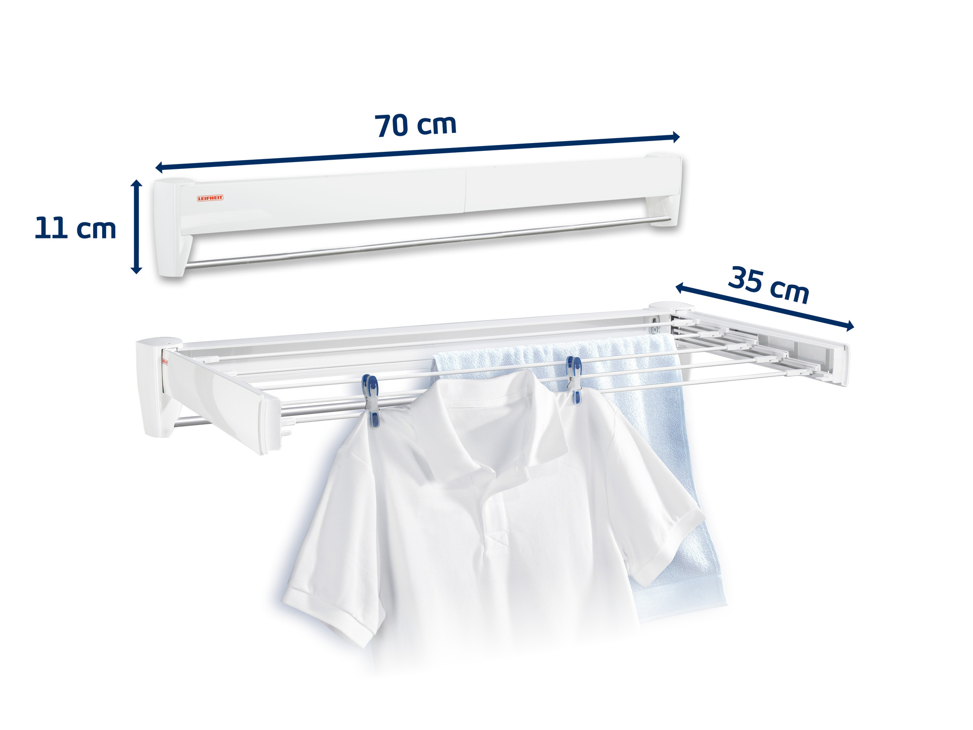 Biały suszarka ścienna, 70cm długa, z koszulą i ręcznikiem.