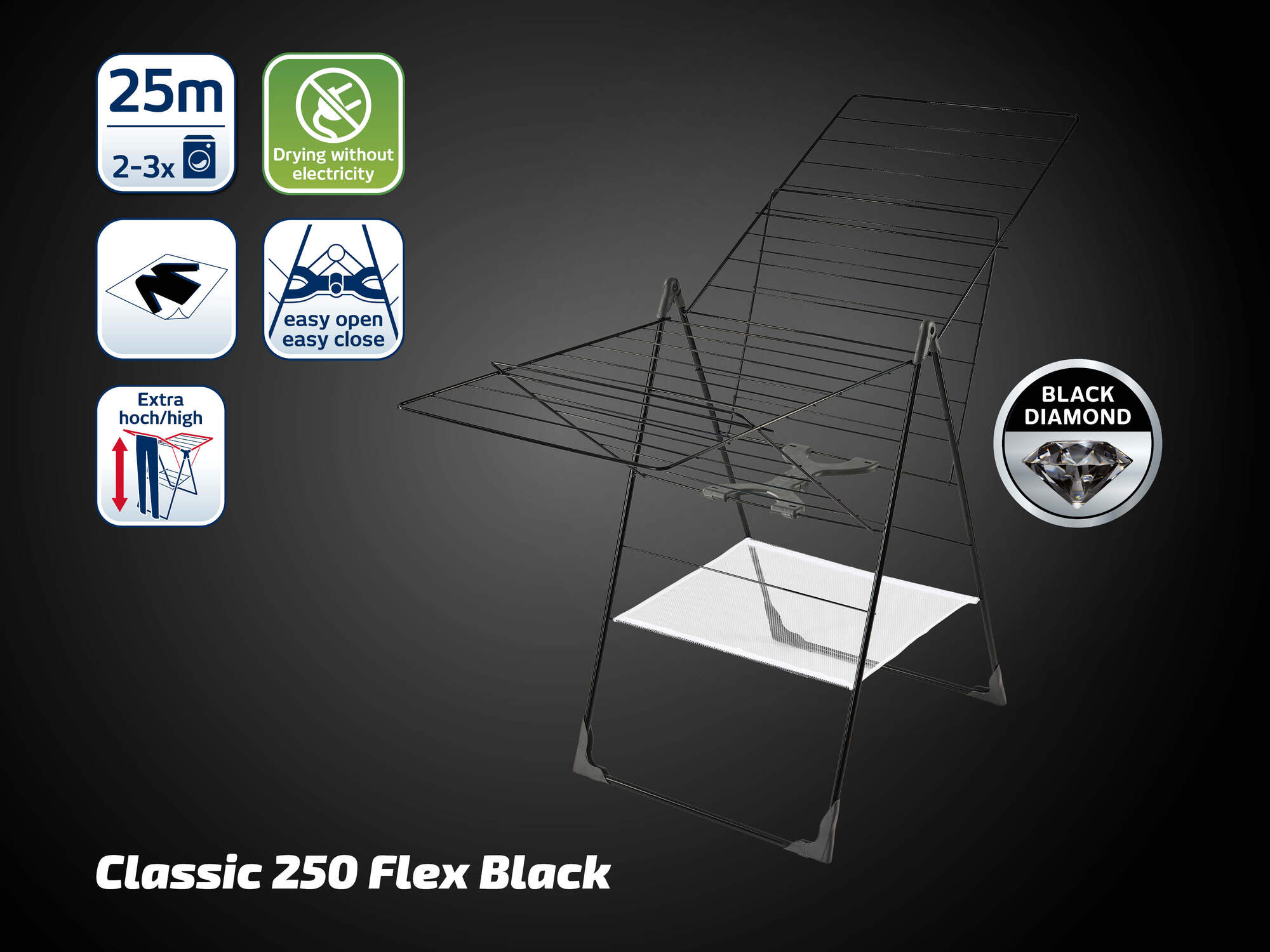 Ein schwarzer Wäscheständer mit 25m Leinenlänge, ohne Strom und leicht zu öffnen.