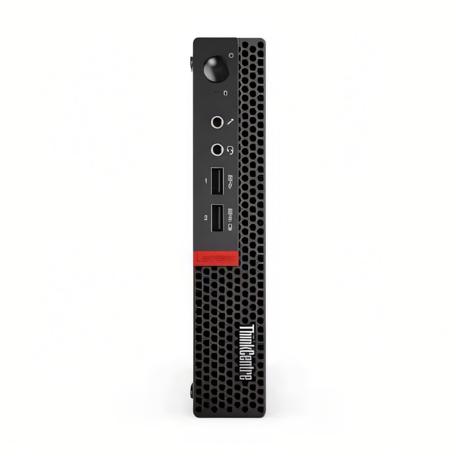 Un mini PC Lenovo ThinkCentre negro con puertos frontales y rejilla de ventilación.