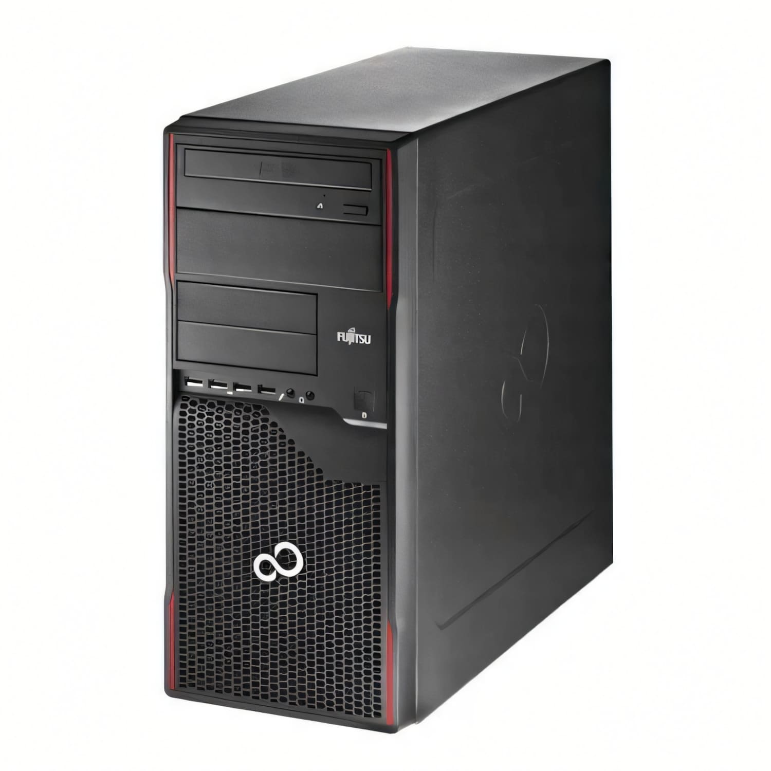 Caja de PC torre Fujitsu negra con detalles rojos y símbolo de infinito.
