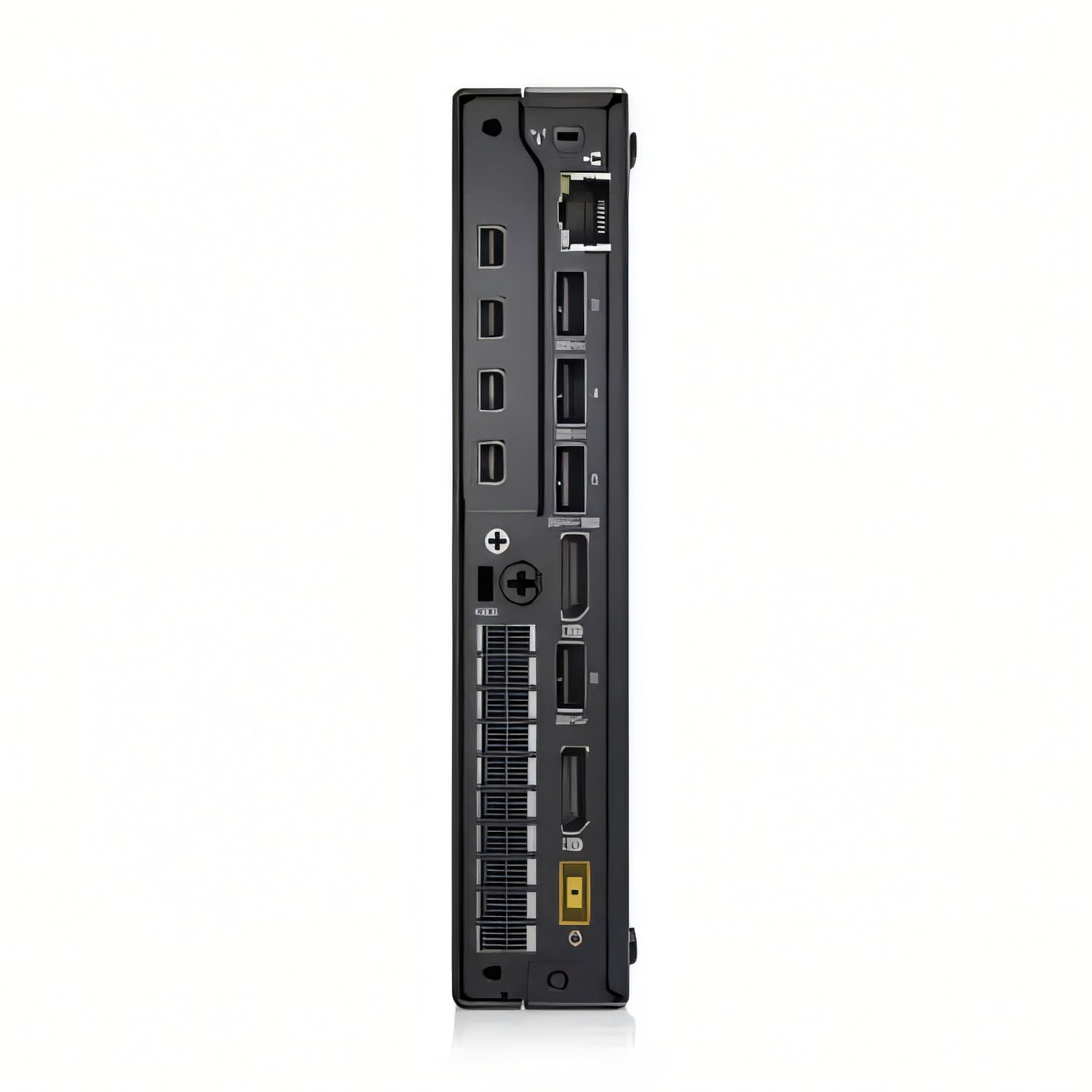 Mini PC negro con puertos laterales: USB, red, audio, alimentación.