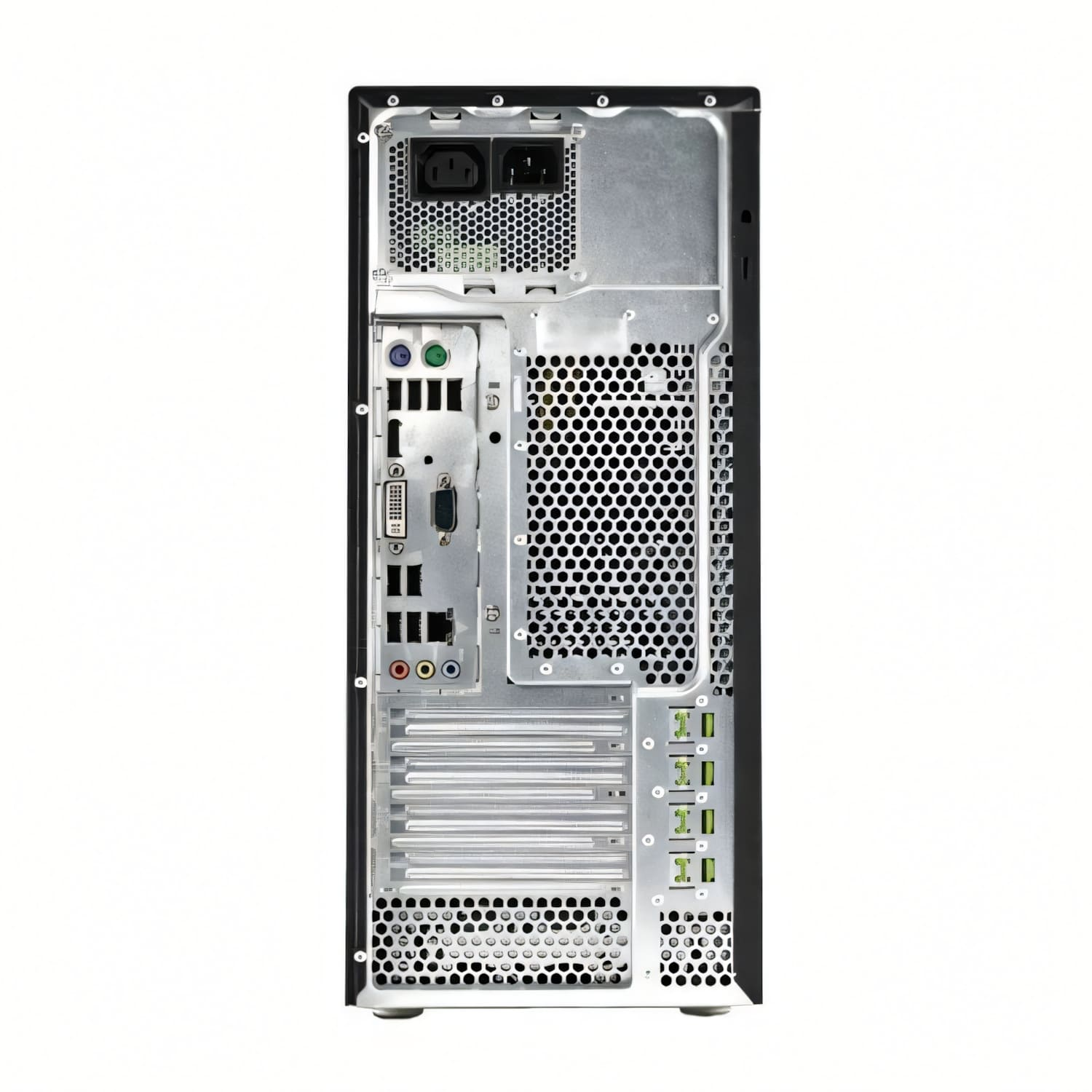 Parte trasera de una torre de ordenador negra con puertos de alimentación, USB, video y audio.