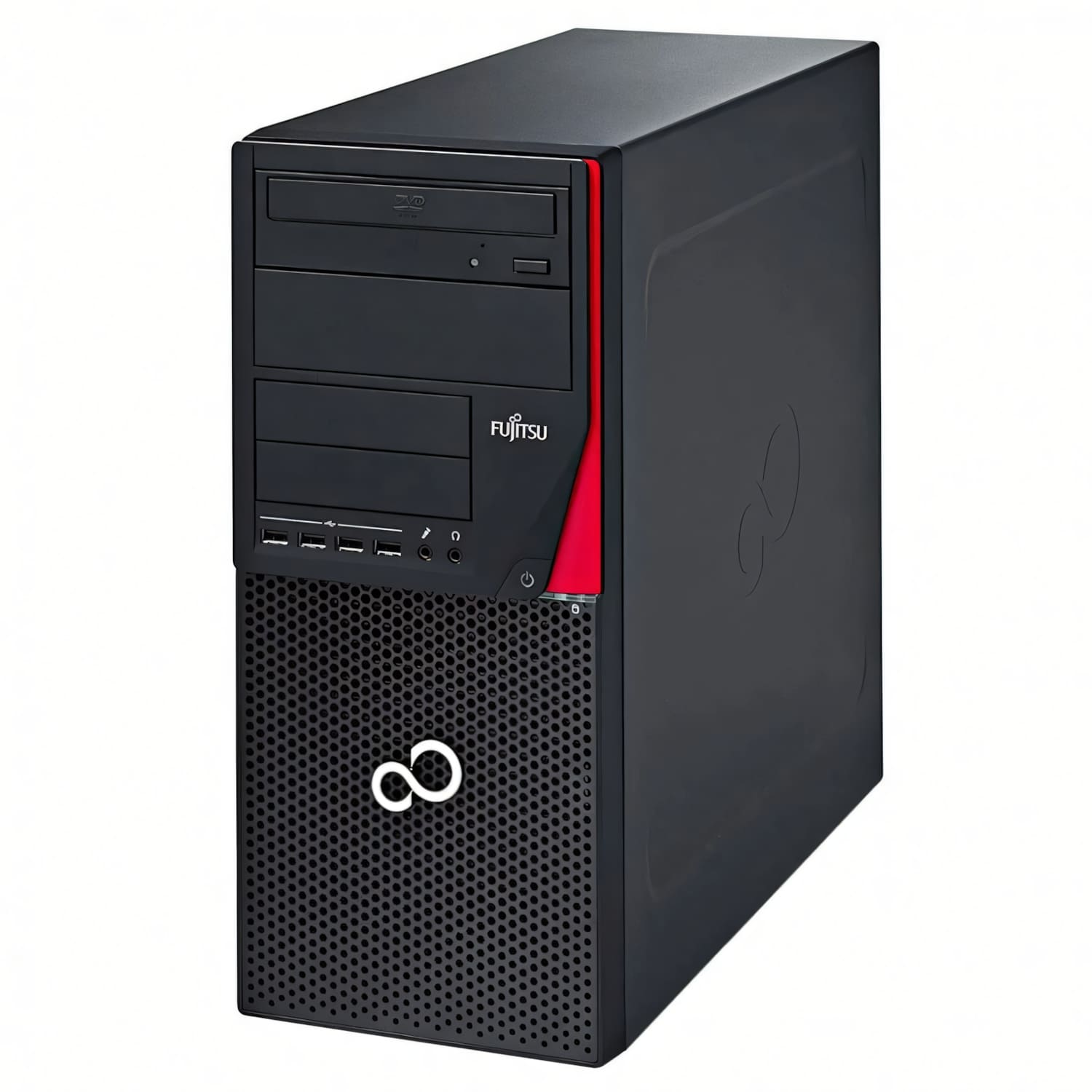PC de sobremesa Fujitsu negro con franja roja y panel frontal perforado.