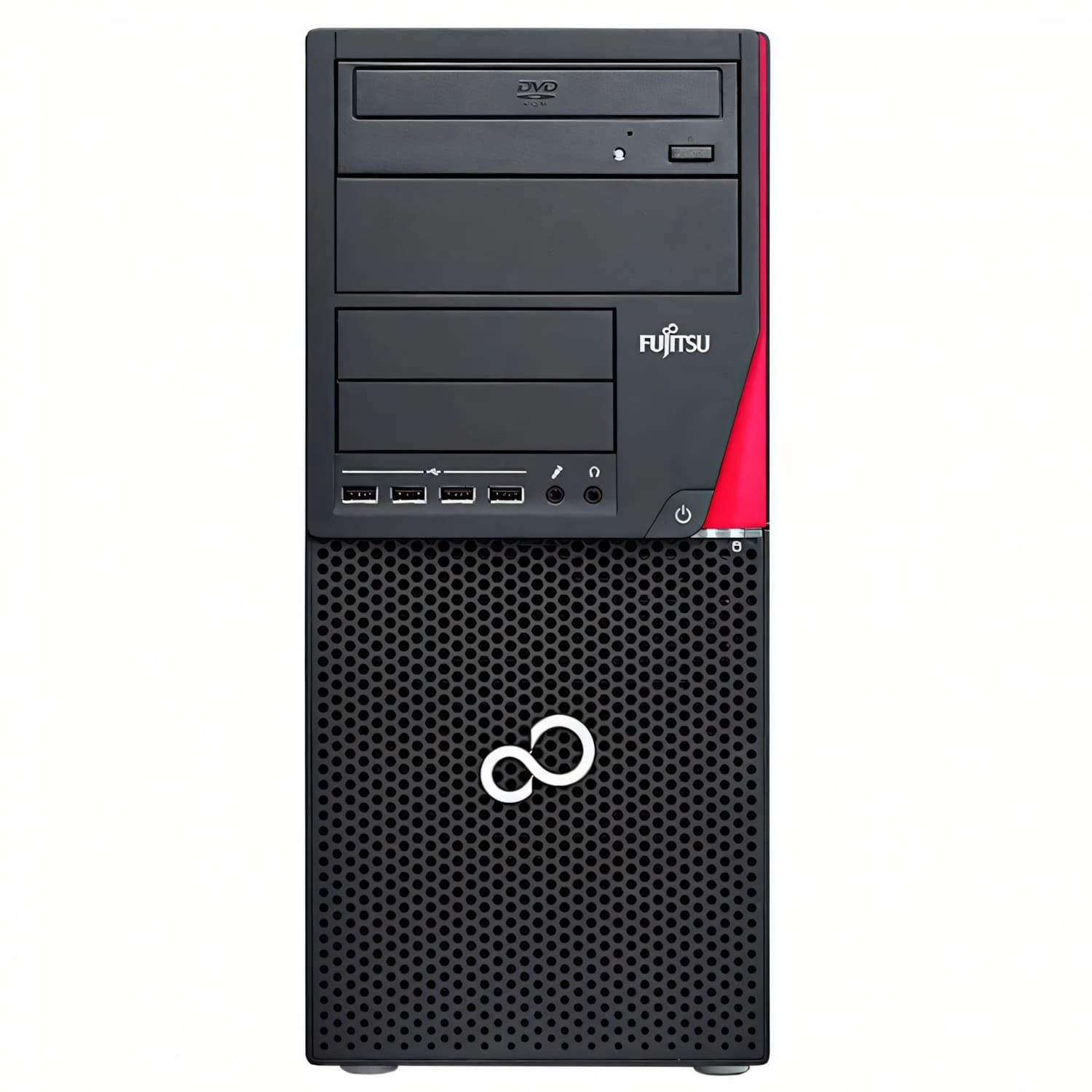 Un PC Fujitsu negro con lateral rojo, unidad de DVD, puertos USB y símbolo de infinito.