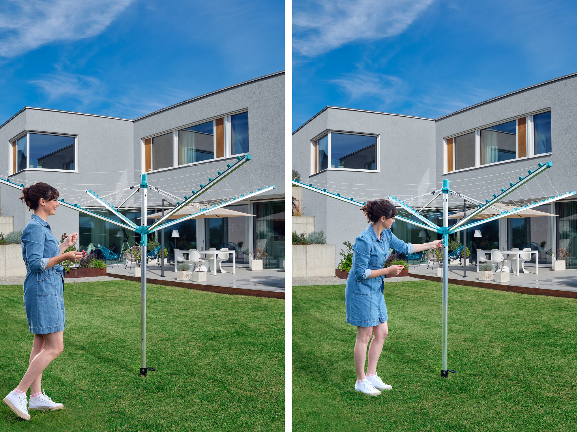 Frau bedient Wäschespinne im Garten vor modernem Haus.