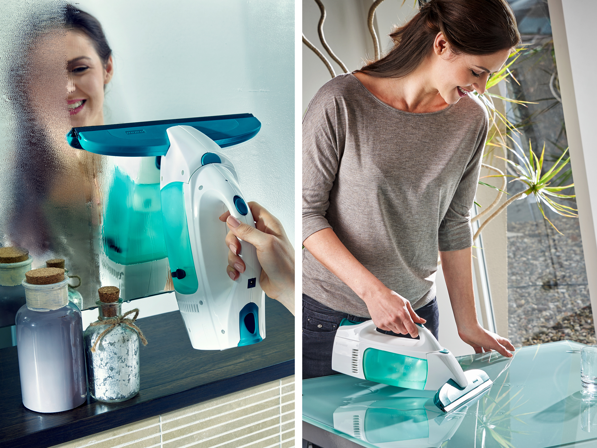 Kobieta czyści lustro i stół urządzeniem do mycia okien.