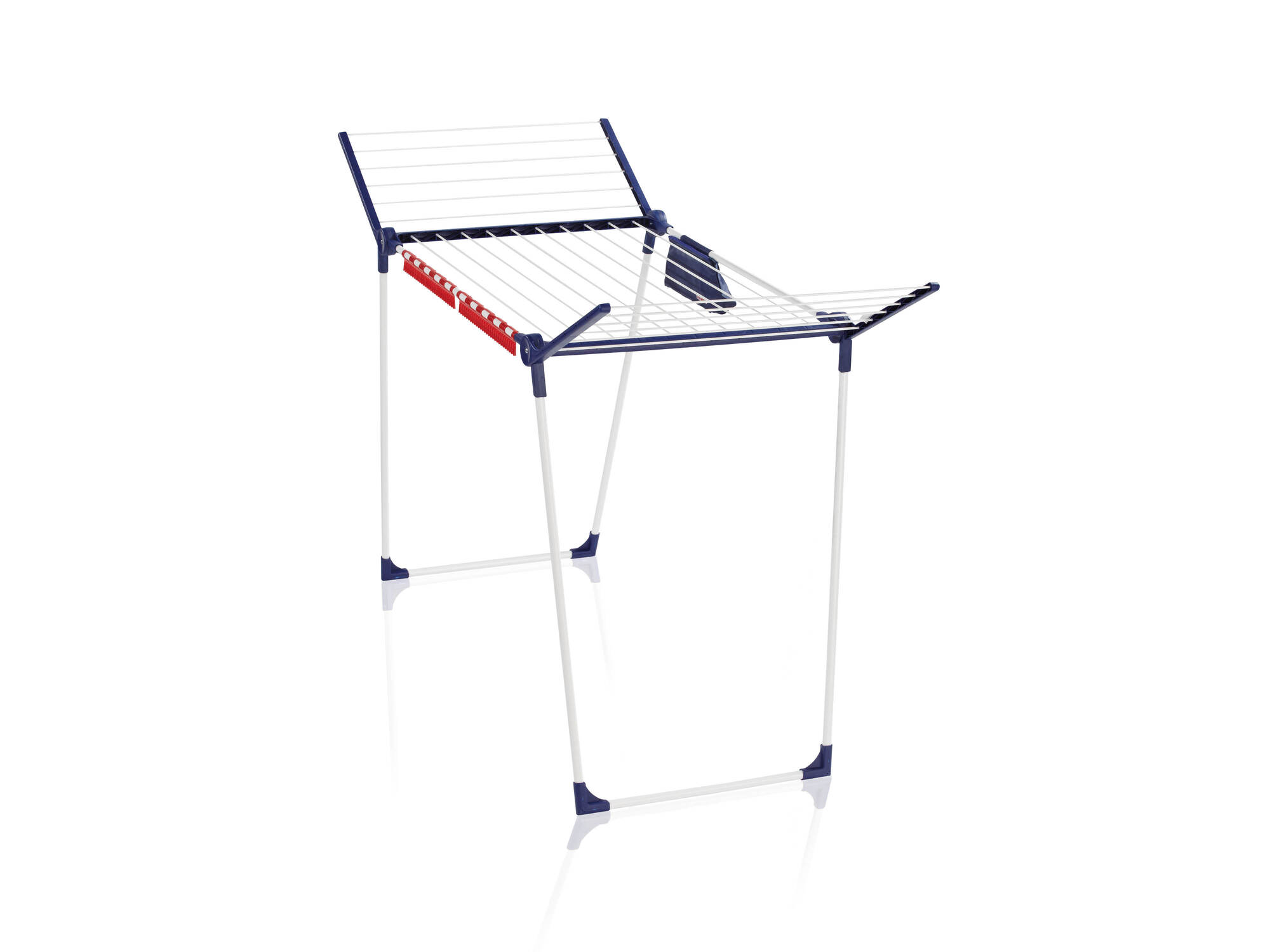 Składany stojak na pranie z białego metalu z niebieskimi akcentami.